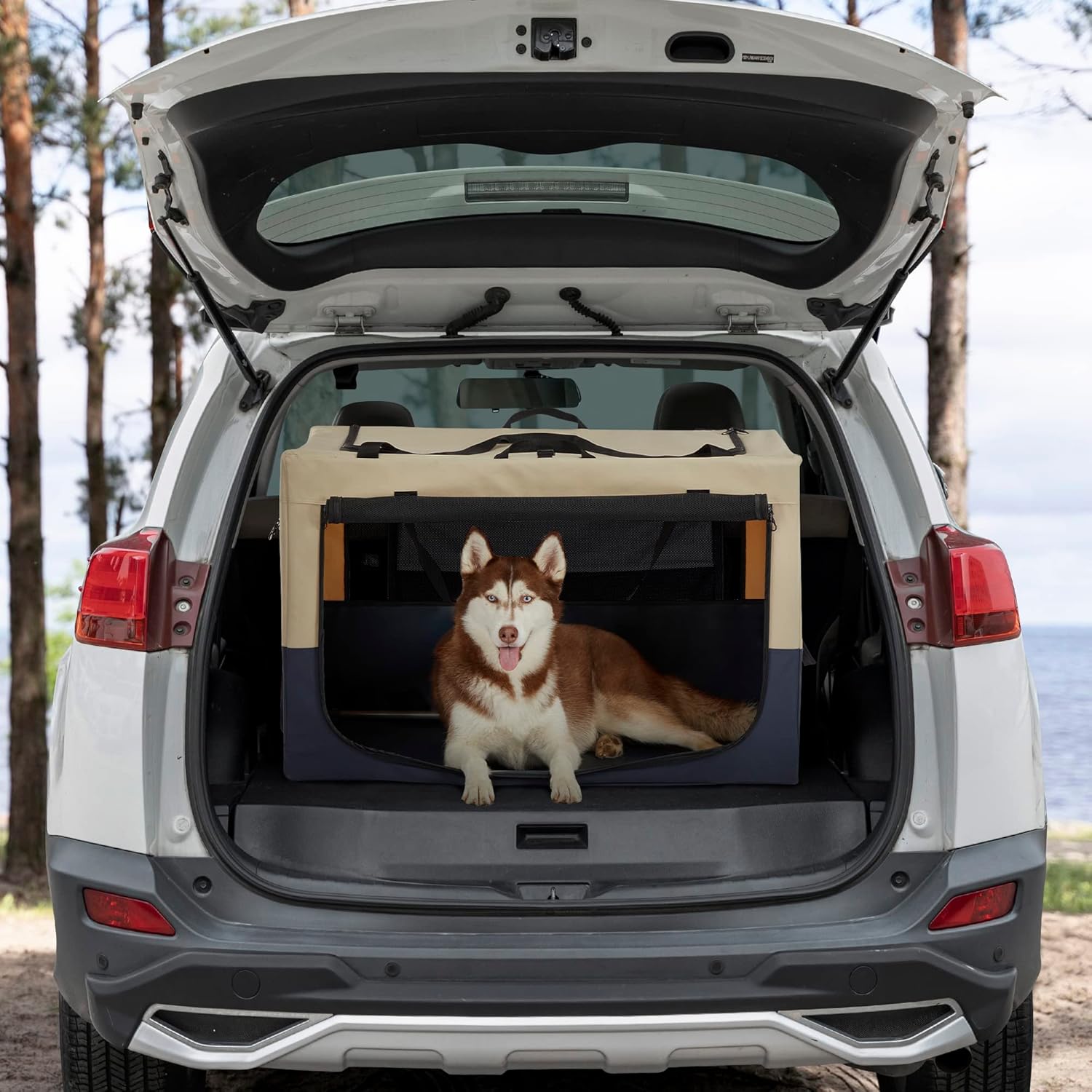 36 Collapsible Dog Crate for Large Dogs - Portable Soft Travel Kennel with Lockable Zippers, Waterproof Base, Washable Cover, Patented Screw Frame for Adjustable Tension, Outdoor, Indoor, Car Use