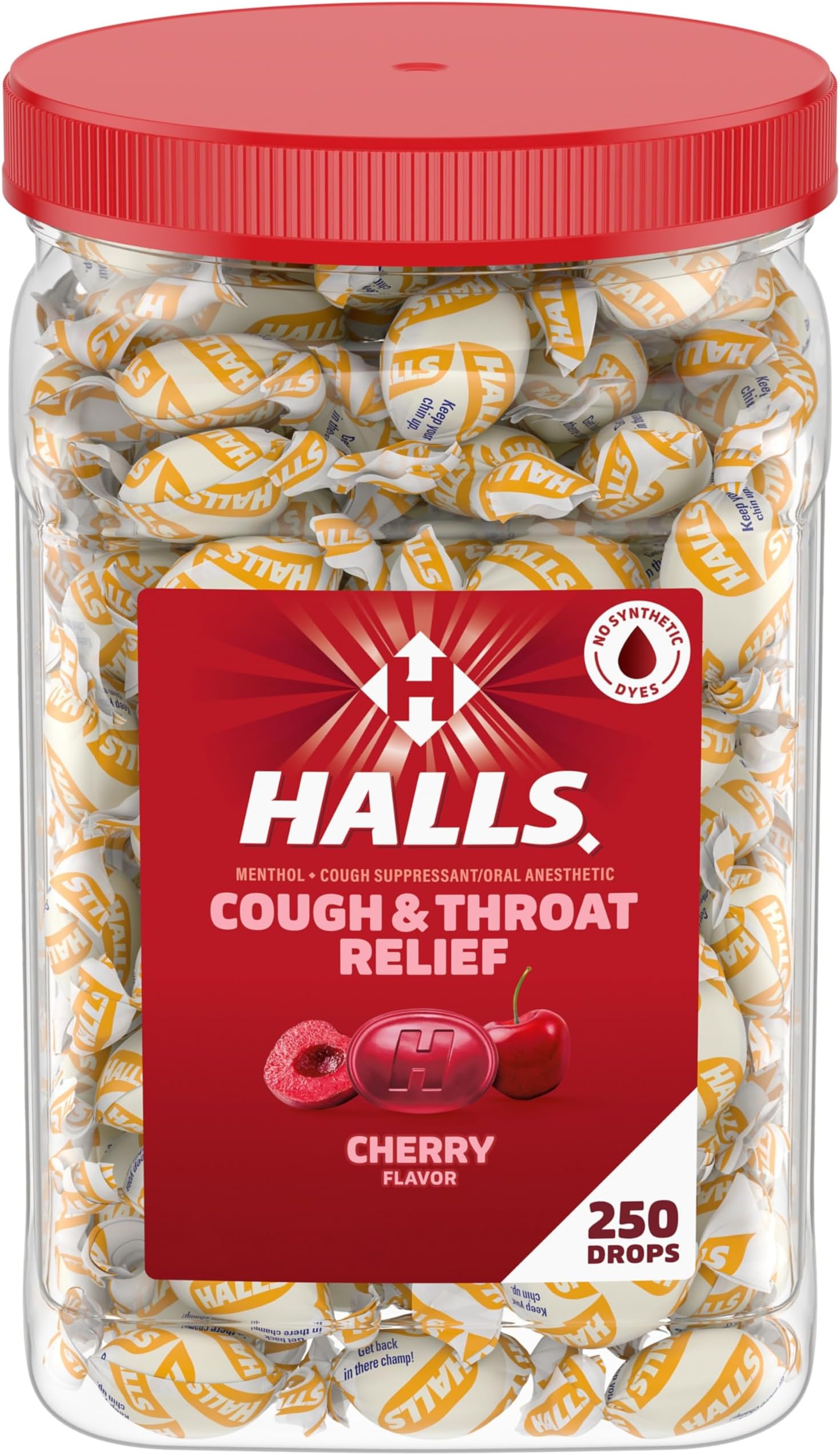 Halls Cough and Throat Relief Cherry Cough Drops, Bulk Pack, 250 Drops
