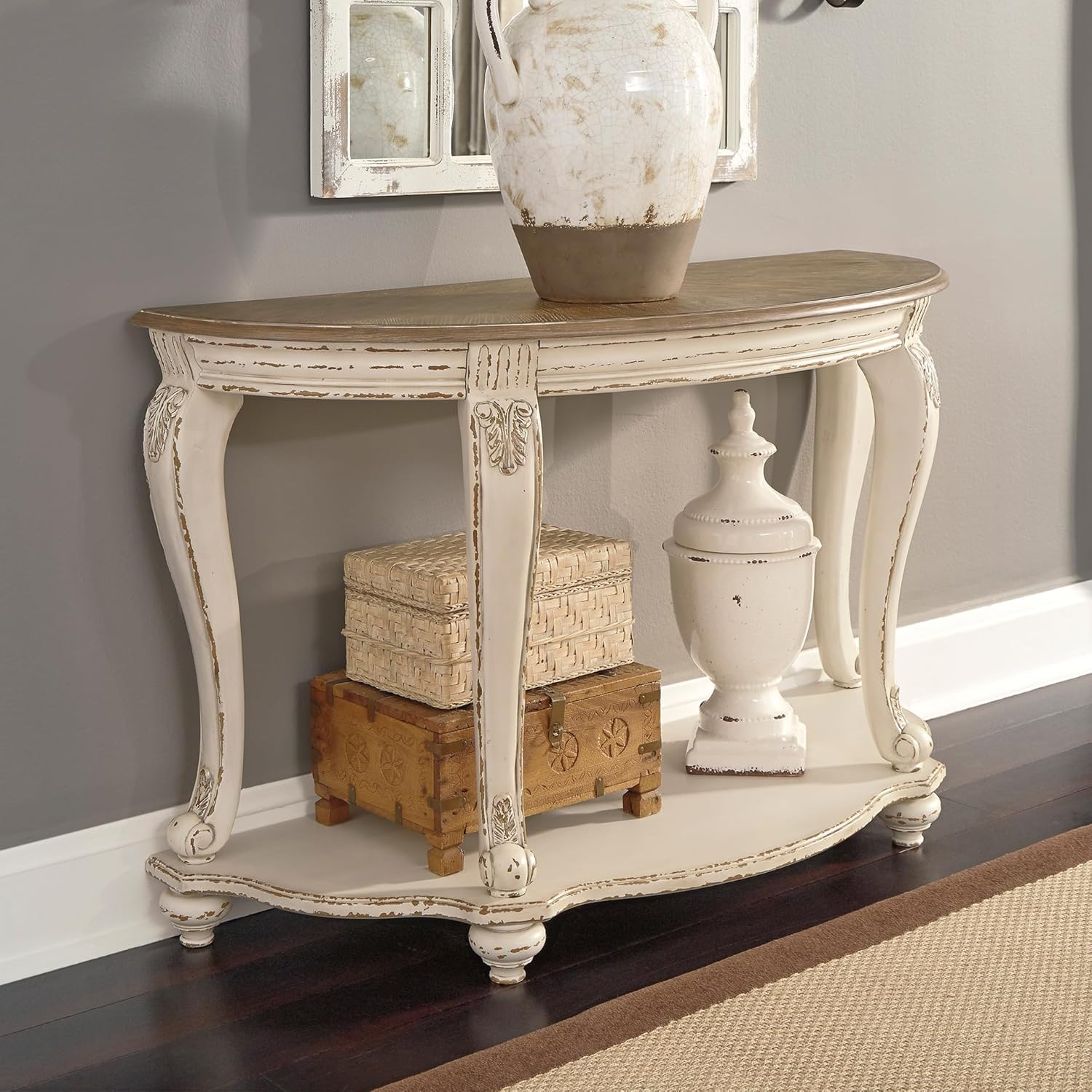 Signature Design by Ashley Realyn French Country Semi-Circle Console Table, White & Brown