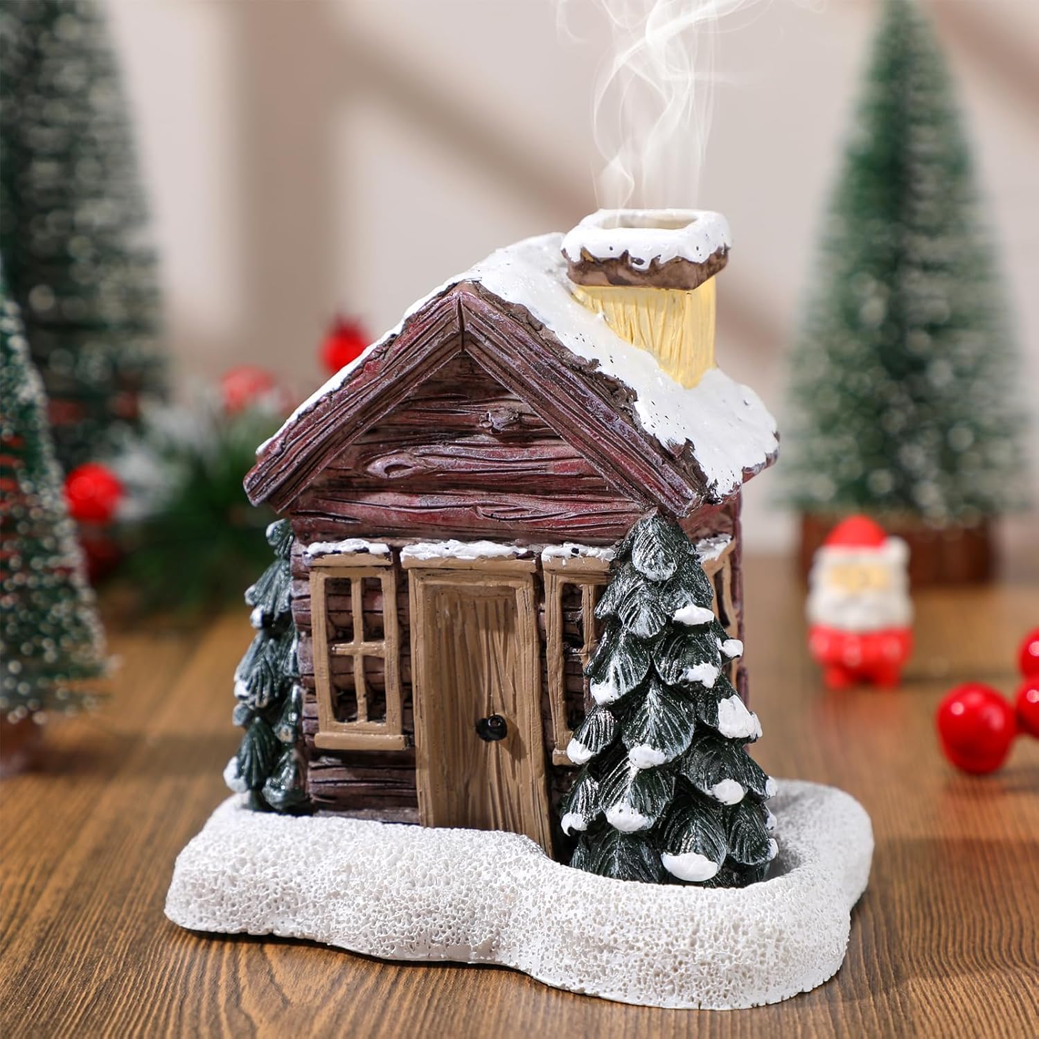 Christmas Log Cabin Incense Burner - Christmas Village Houses with 2 Incense Cones, Resin Incense Cone Holder for Home Room Table Fireplace Decorations, Brown