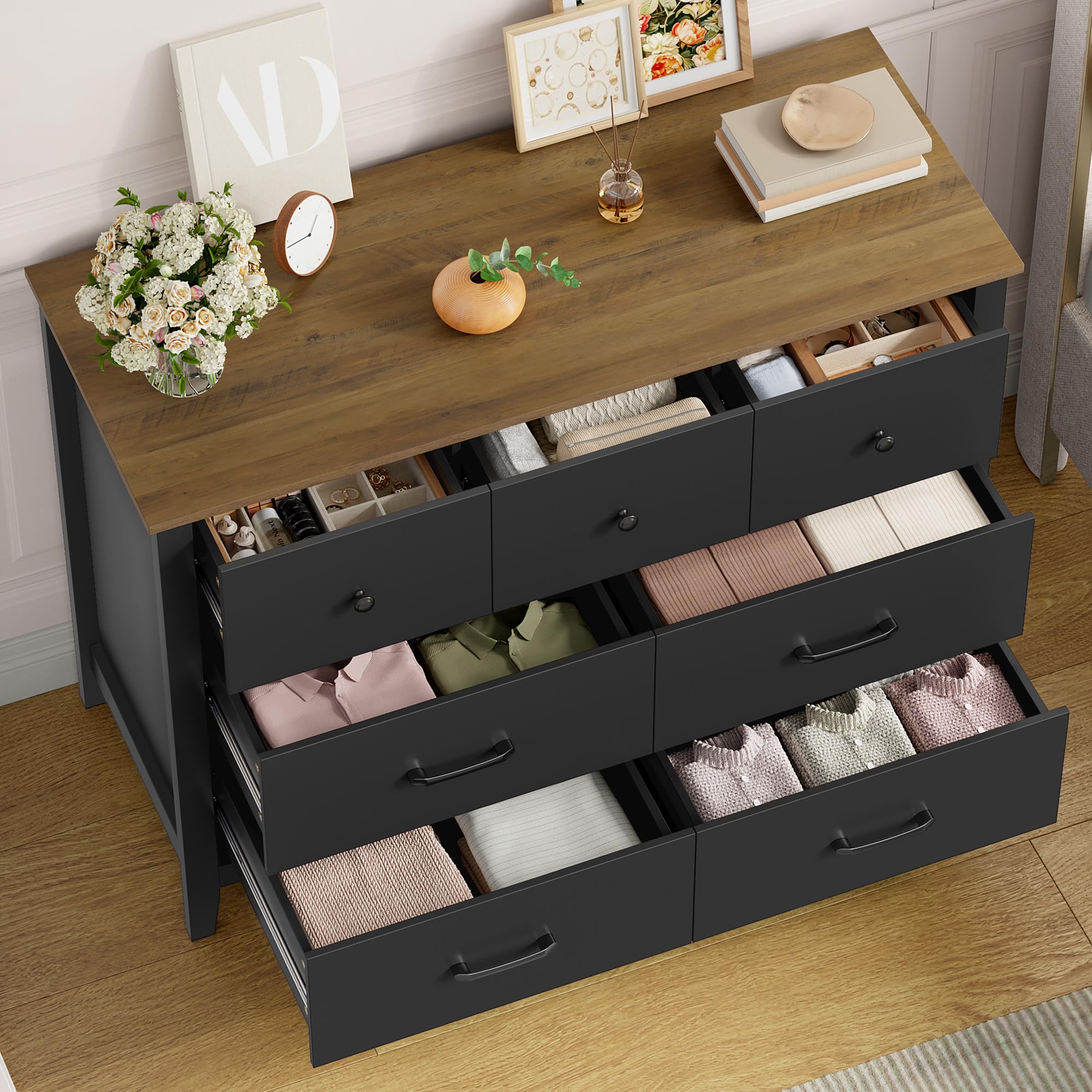 Czarna komoda z szufladami, komoda z 7 szufladami, meble na szelkach, idealna do sypialni, salon, korytarz, nowoczesny design, 106 x 40 x 81 cm