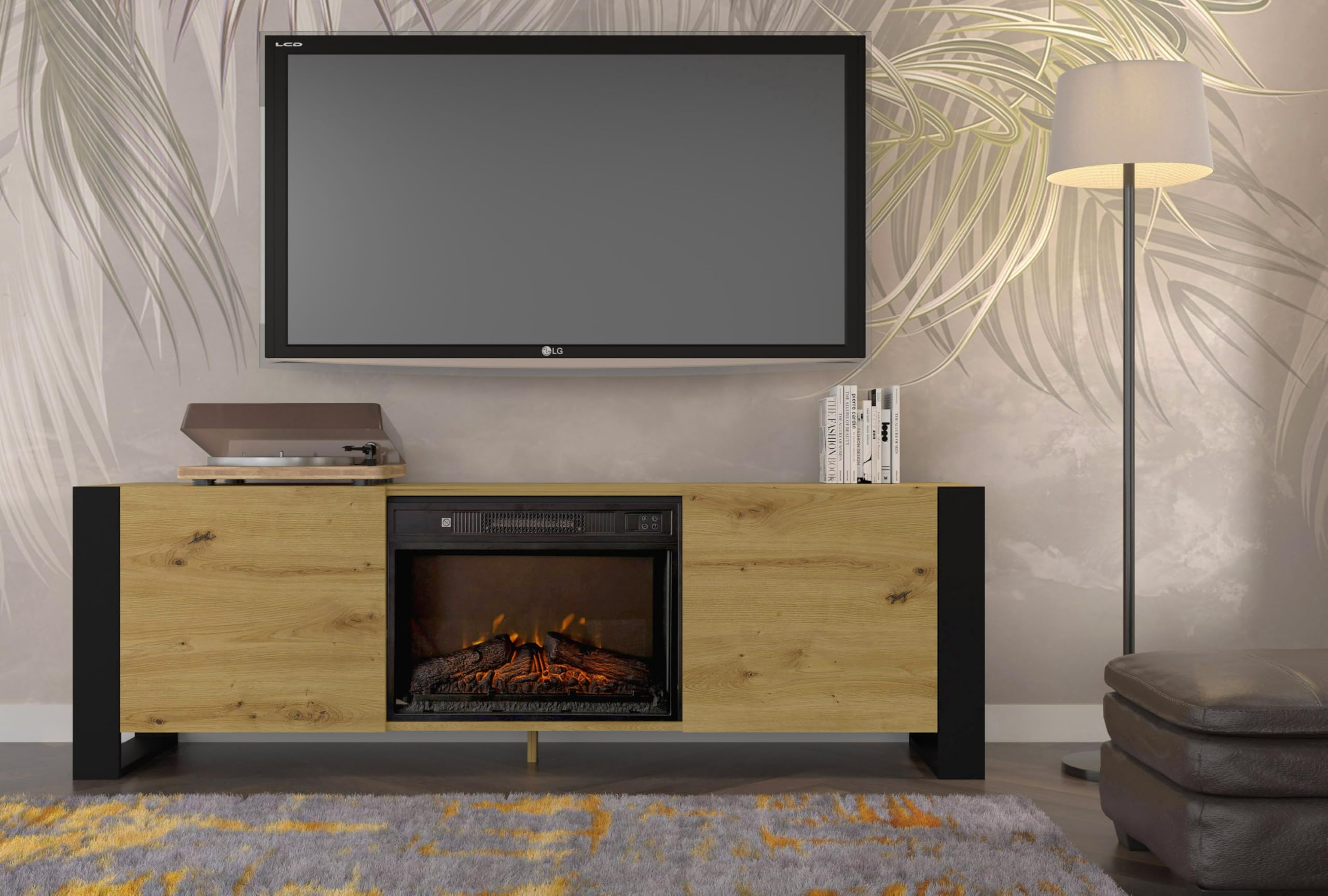 Homlando TV Schrank mit Elektrokamin 180 cm, Lowboard Fernsehtisch für Wohnzimmer, RTV Schrank in Eiche Artisan, modernes TV Möbel mit Kamin, Medienkonsole MONDI