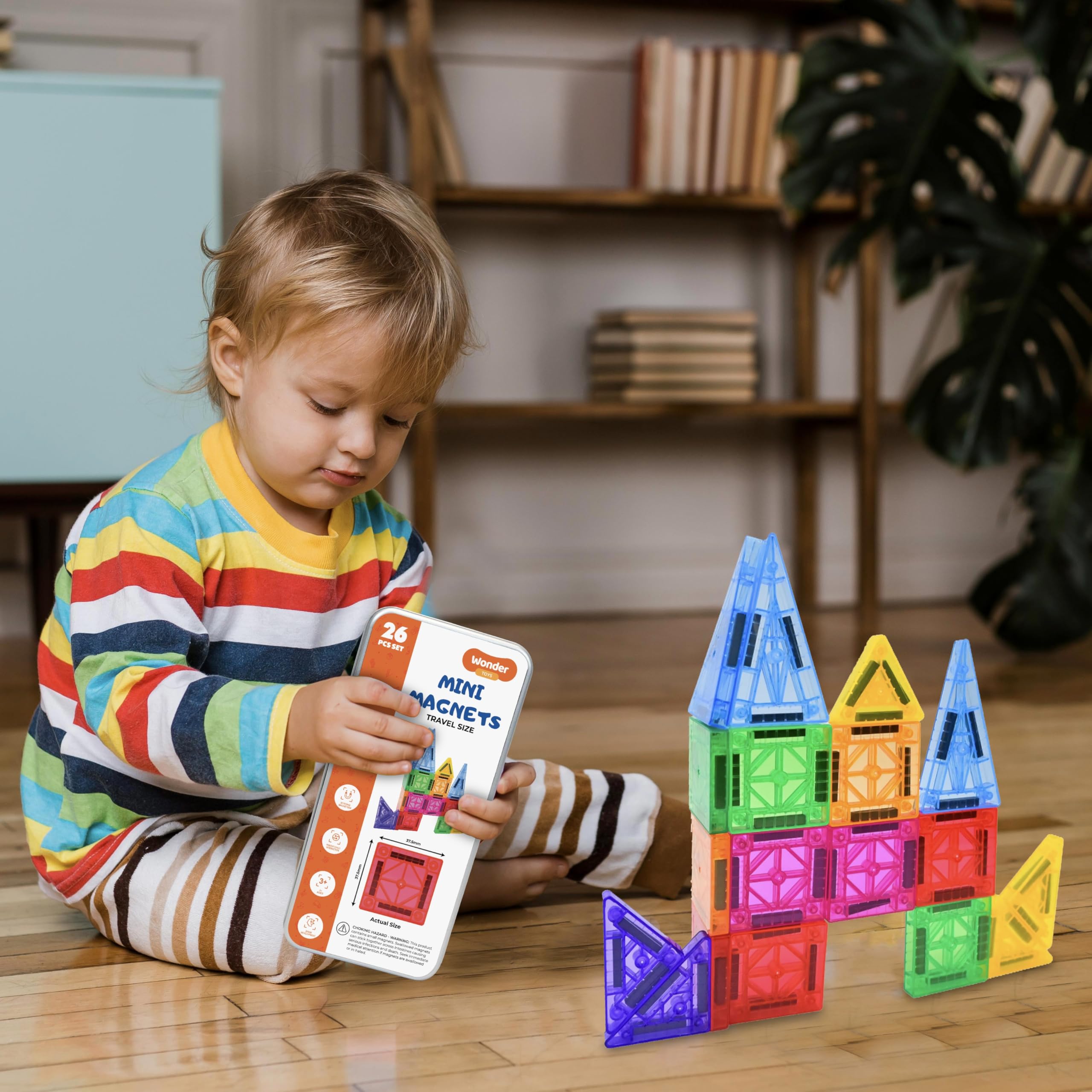 WonderToys Mangetic Tiles Magnet Building Toys, Magnetic Building Set for Kids, Stacking Blocks, Perfect STEM Toys Gift for Boys and Girls (26 Travel Set Mini Magnetic Tiles) โ image 1