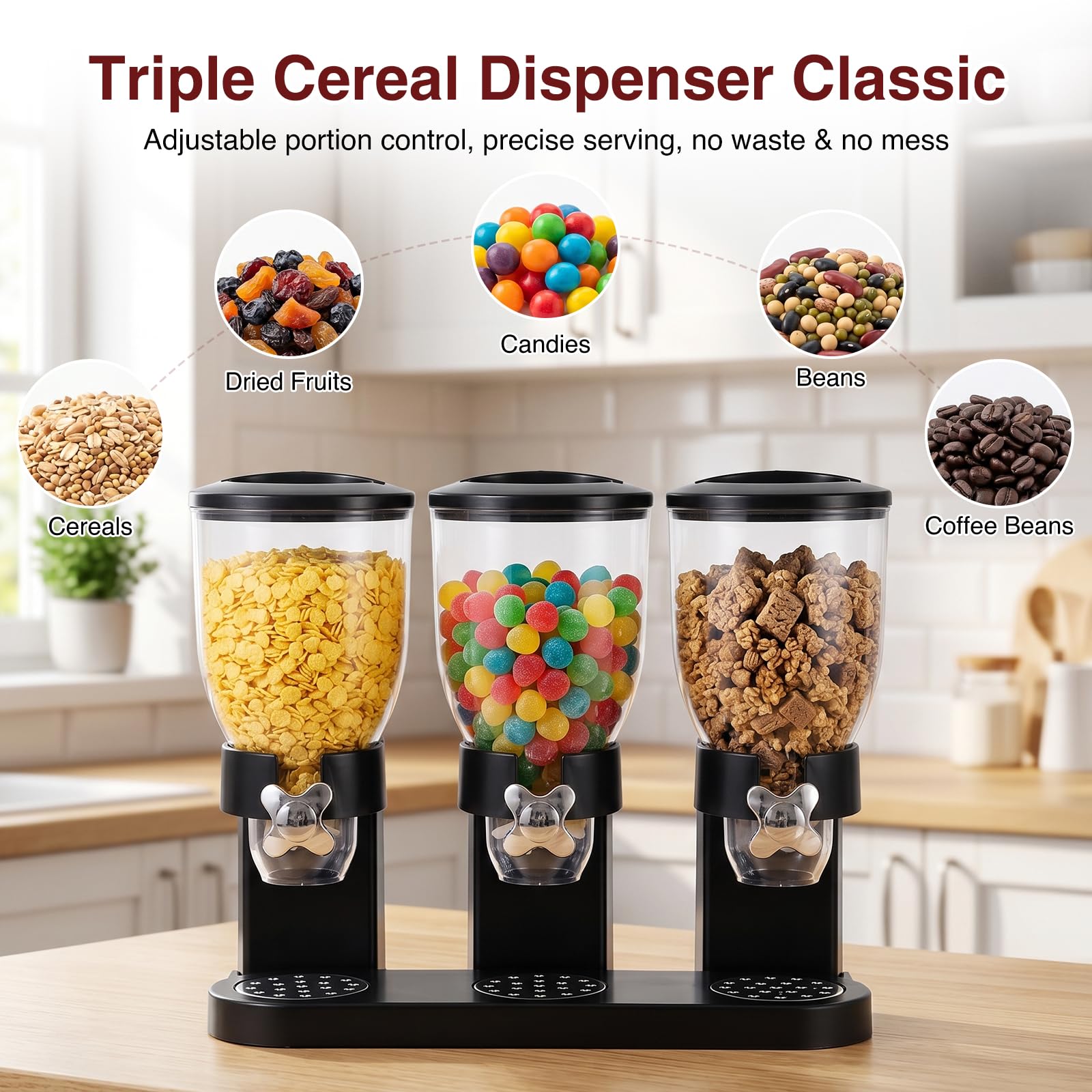 Cereal Dispenser Countertop 2L, Dreifacher Müslispender, Luftdichte Vorratsdosen mit Drehverschluss, Transparente Trockenkost-Spender Behälter für Müsli, Reis, Süßigkeiten, Kaffebohnen, Schwarz