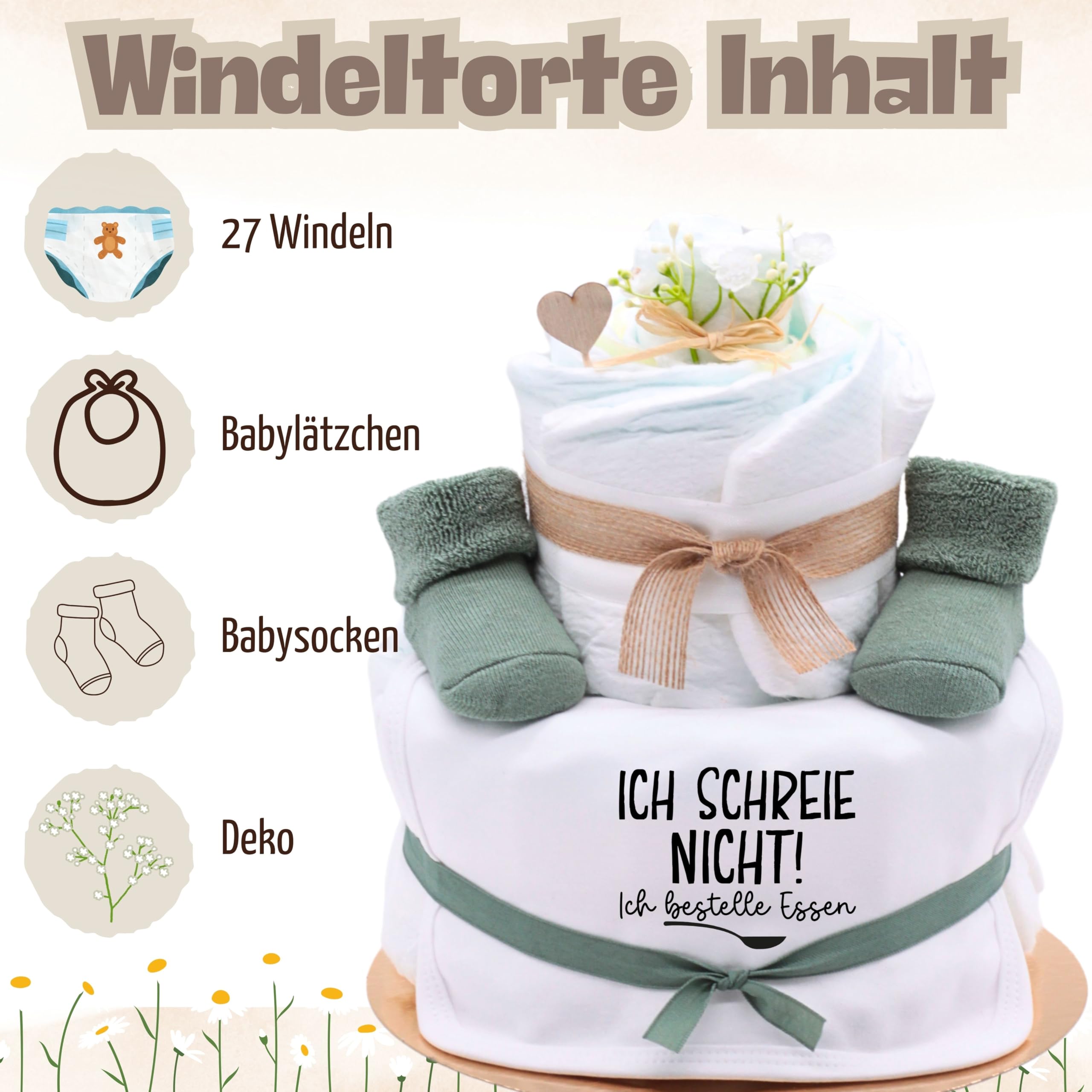 Trend Mama | Windeltorte | Nature Design green | Spruch wählbar | Lätzchen, Kuschelsocken |Geschenk Geburt (Design Ich schreie nicht, ich bestelle Essen)