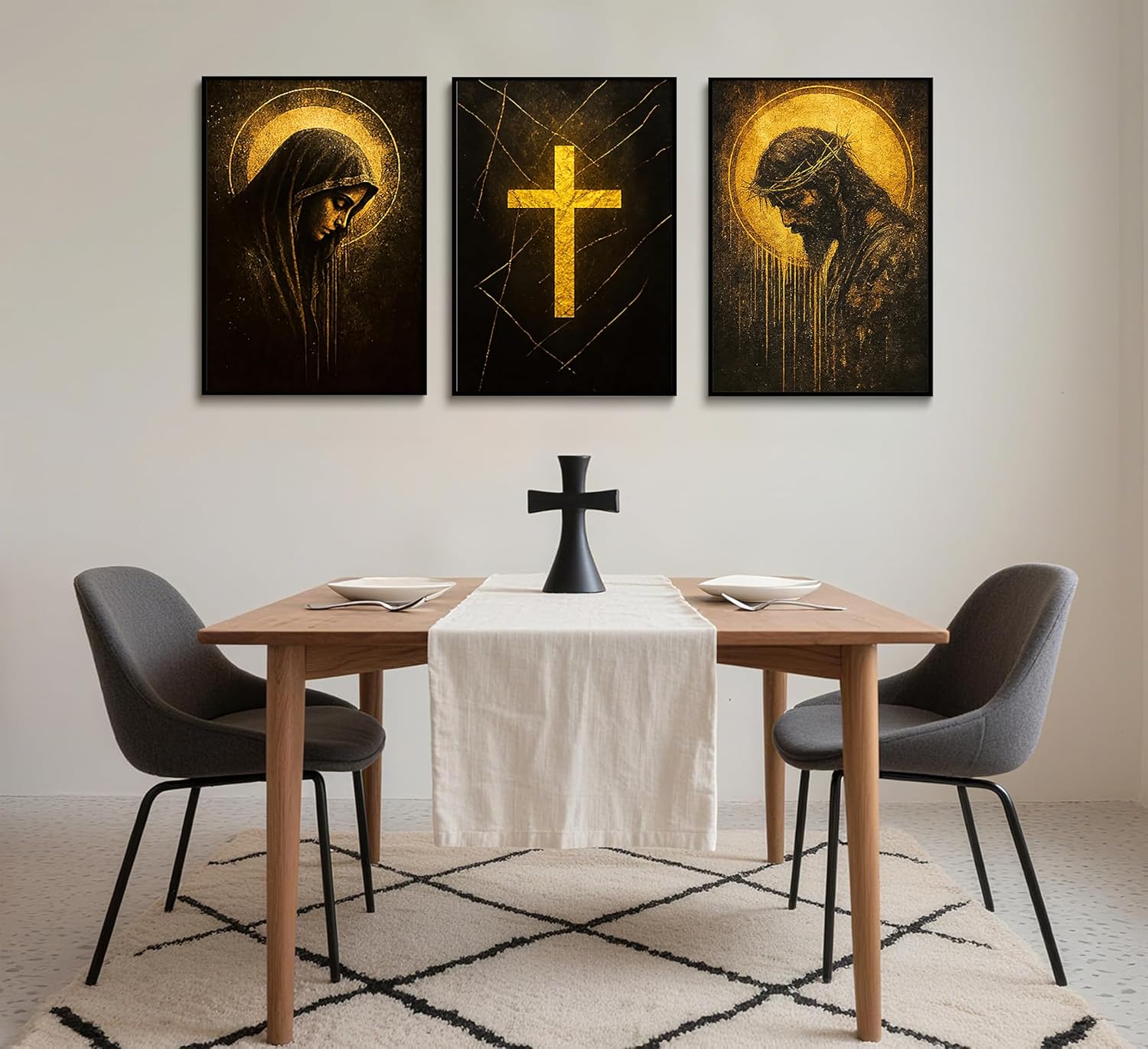 3pcs Black Jesus Canvas Wall Art Jesus Crown of Thorns Modern Christian Poster Print Virgin Mary golden cross Painting Picture Wall Decor for Prayer Room Church Living Room Home Decoration Unframed