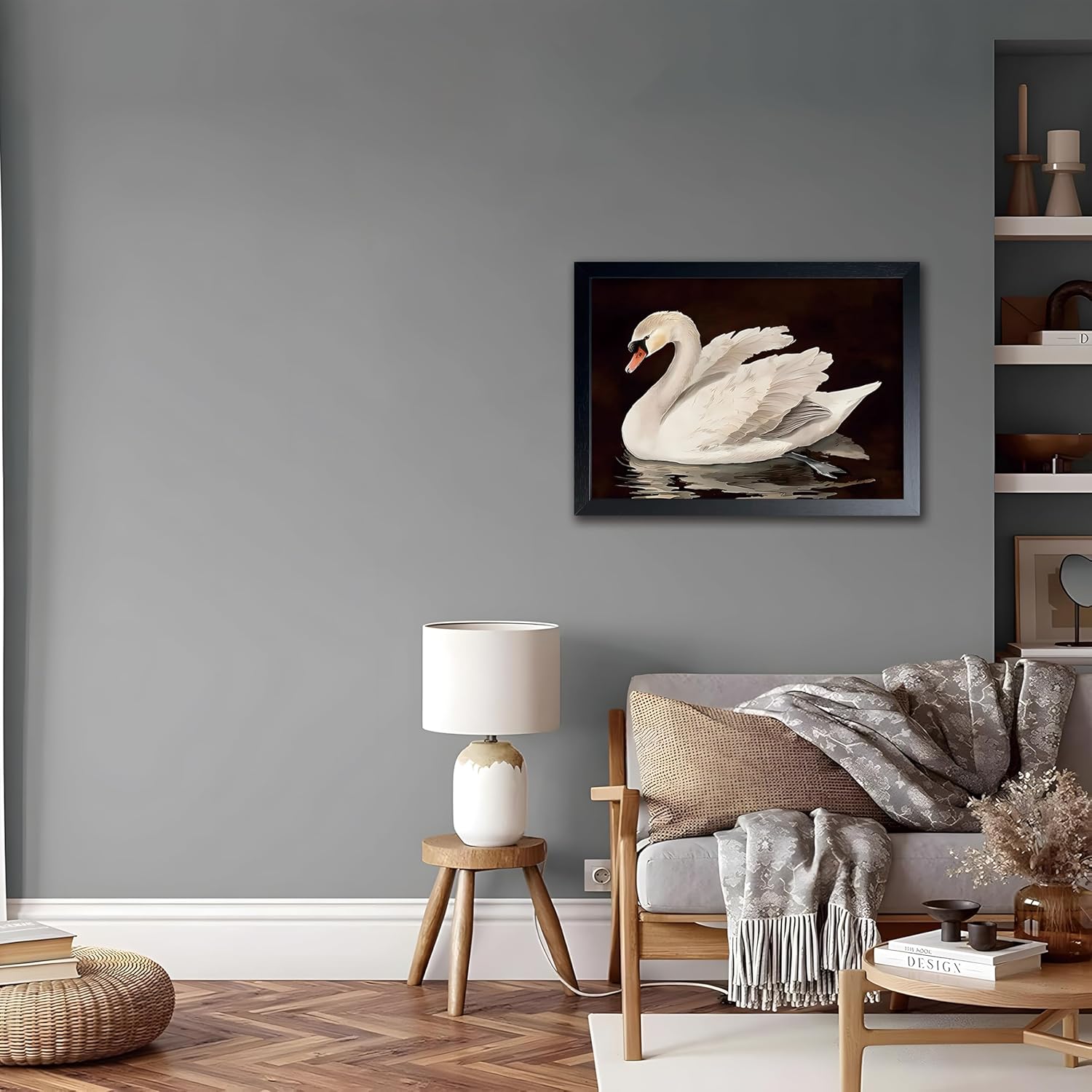Black Wood Framed Wall Art Canvas Print Home Decor, Vintage Swan Aesthetic Wall Decor Photo, Classical Grace Swan Bathroom Prints Painting for Living Room Bedroom Office Decor 16x24 Inch