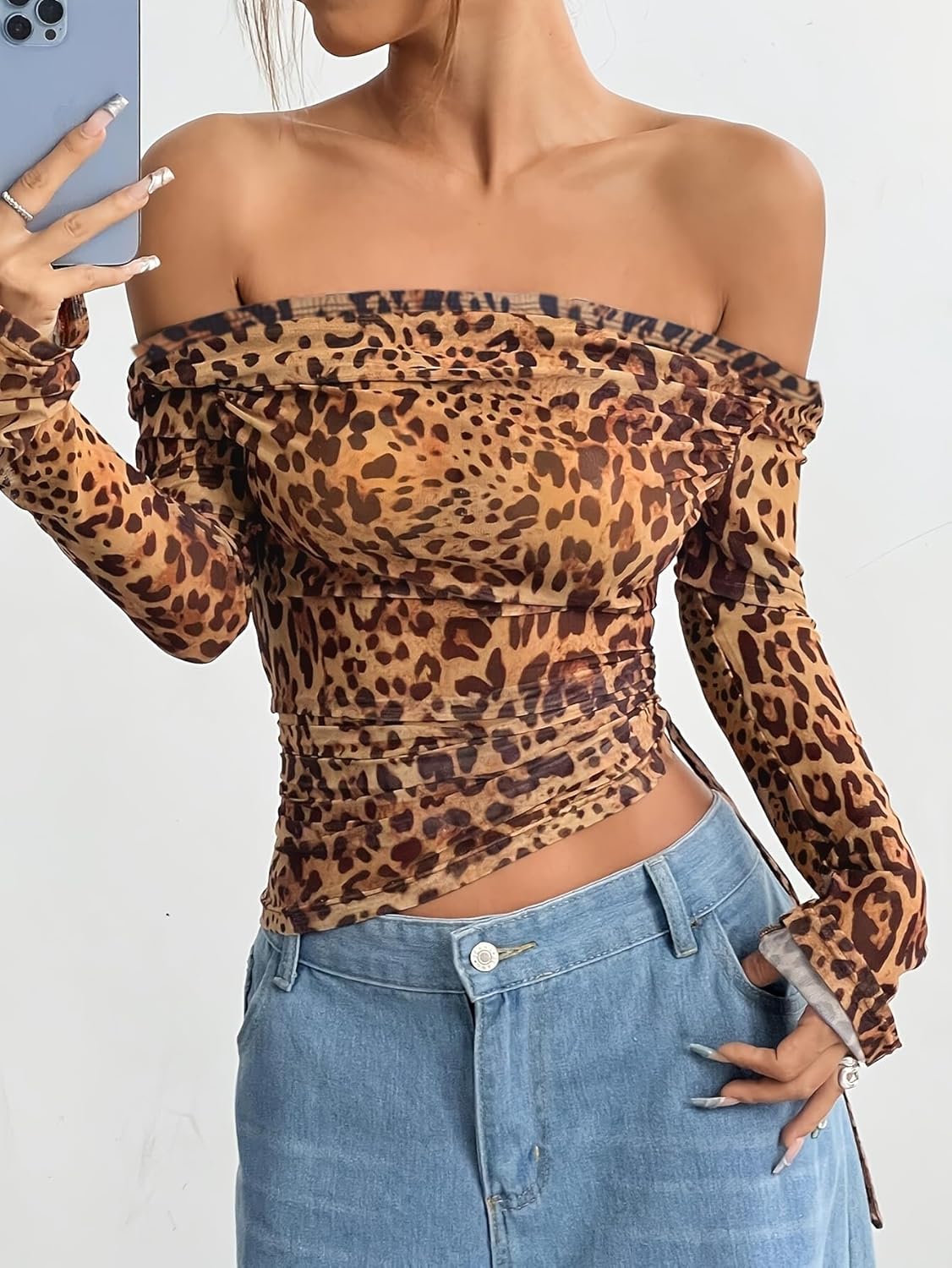 Mandonce Cheetah Print Top Mesh See Through Off The Shoulder Neck Long Sleeve Drawstring Cute Tops Black Leopard Print Top