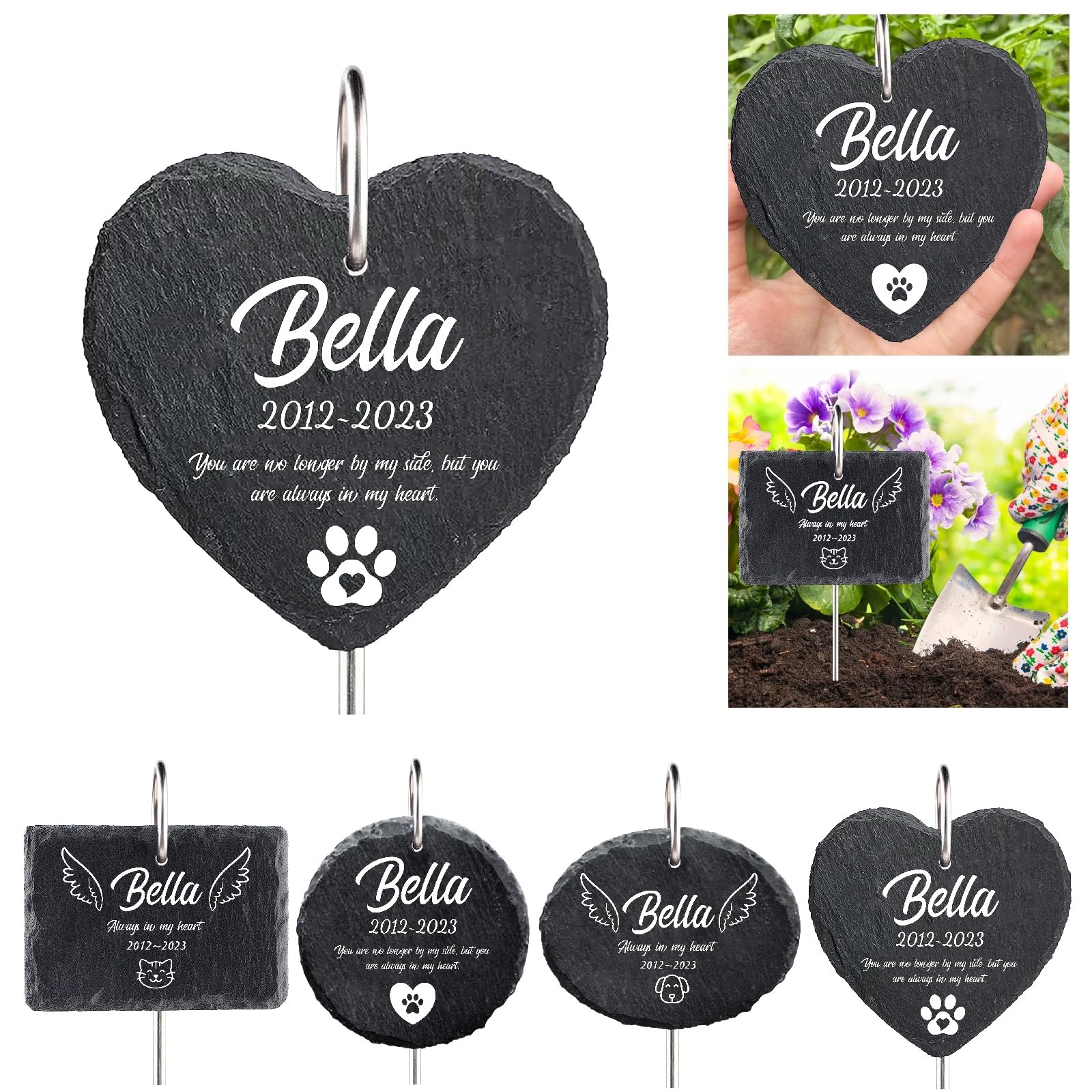 MJARTORIA Personalisiert Tiergrabstein Grabstein Hund Katze Grabplatte Grabstecker mit Gravur, Individuelles Grabschmuck Wetterfest Herz Grab Gedenkstein mit Namen Datum