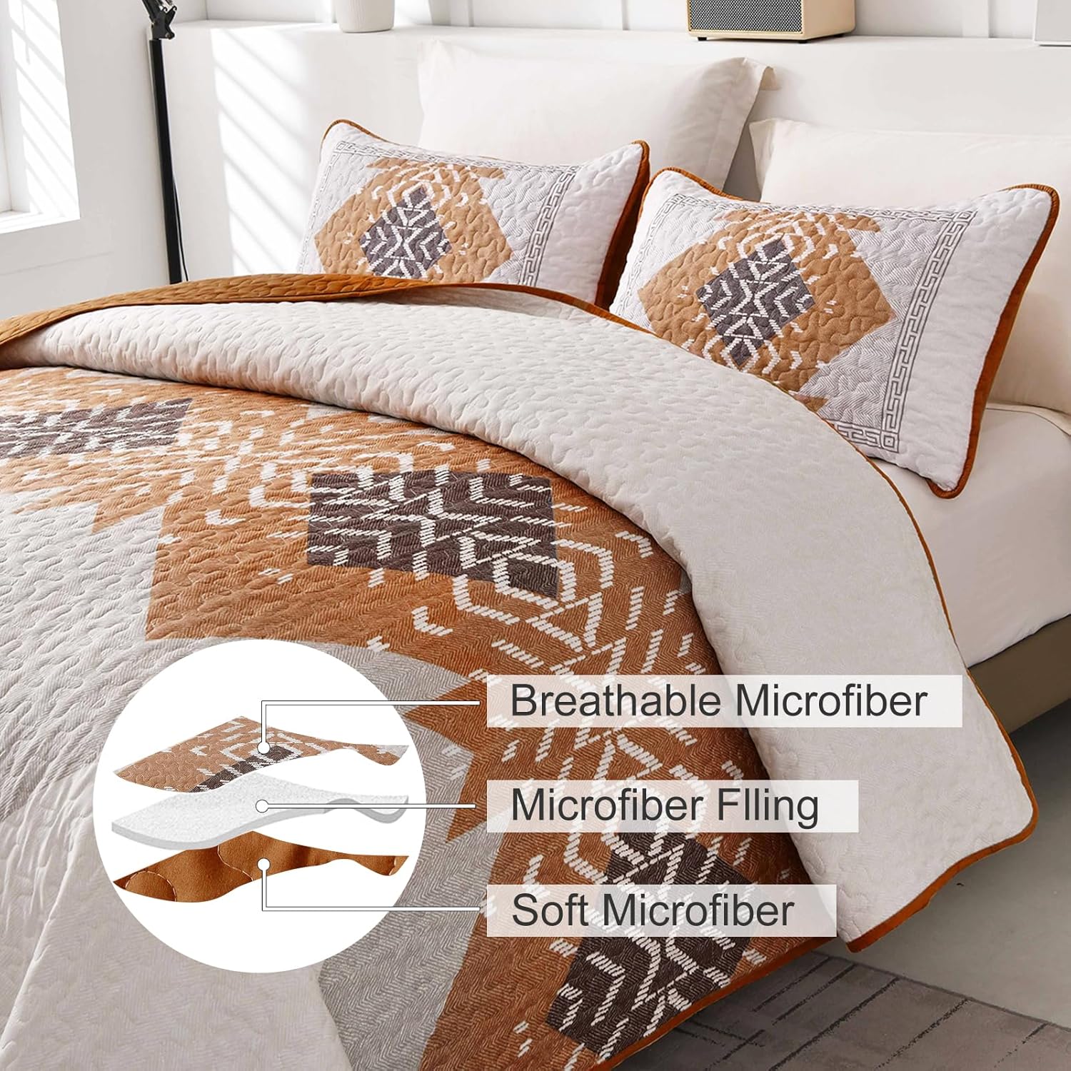 Dintszyayue Boho Quilt Set King Size 3 Pieces Aztec Texture Bedspread Coverlet Set Bohemian Quilt Bedding Set Microfiber Lightweight Bed Cover for All Seasons (Terracotta, 90"×103") - Image 5