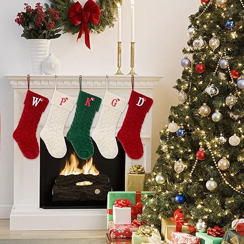 Miniatura 5 de ZGCYSMHT Medias de Navidad personalizadas, iniciales personalizadas, 18 pulgadas, medias de Navidad tejidas con letra para colgar en la chimenea,