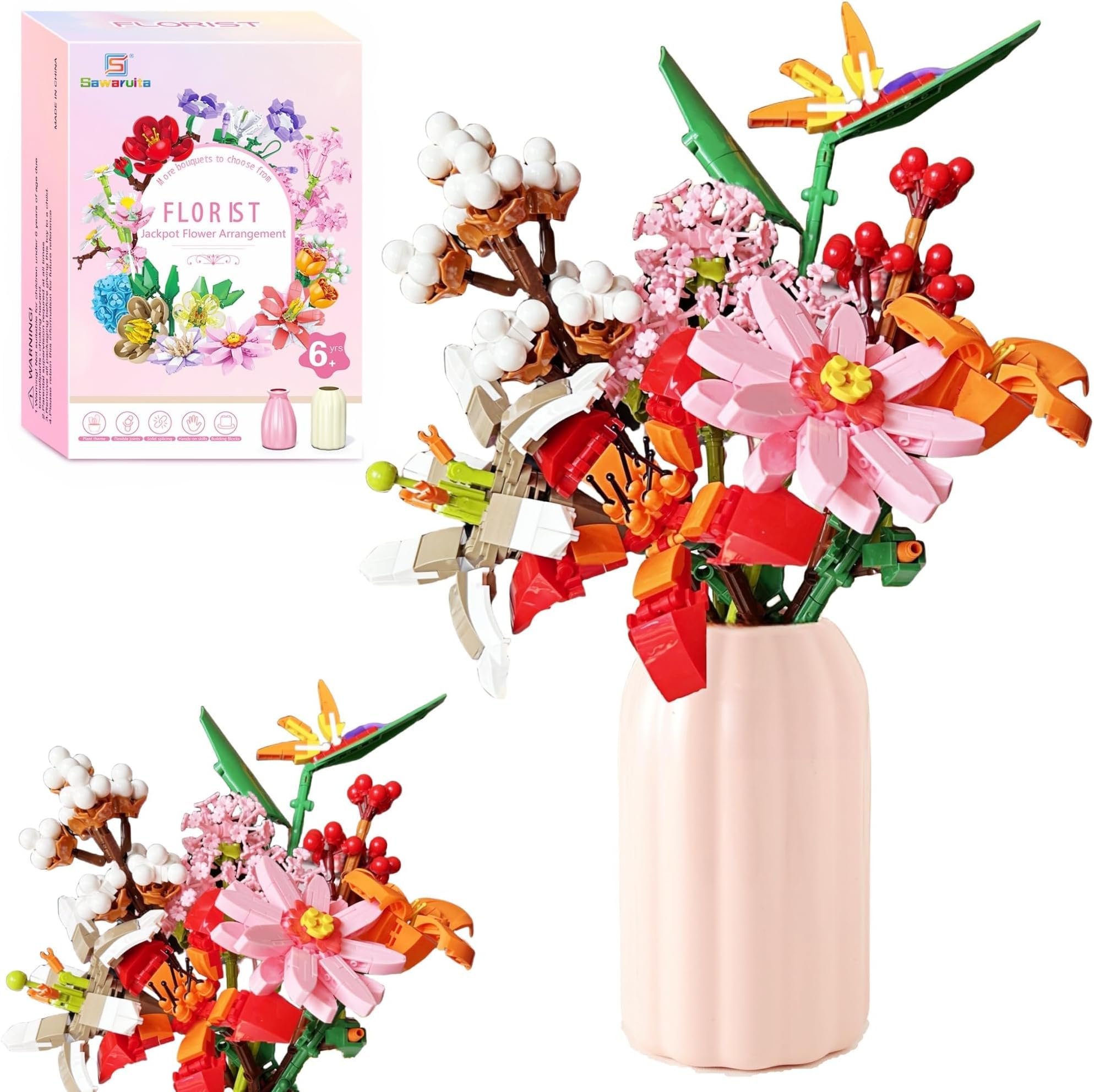 Sawaruita Flower Bouquet Building Blocks Set Pink Wildflower with Vase