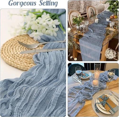 Miniatura 6 de Camino de mesa de gasa azul polvoriento de 10 pies, camino de mesa de tela de gasa bohemio, camino de mesa rústico transparente para boda,