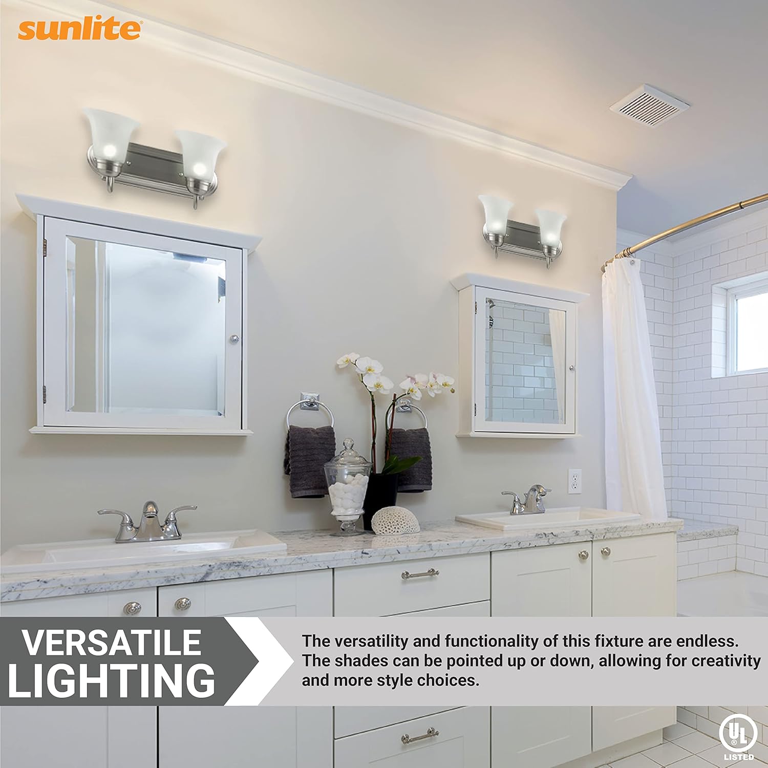 Sunlite 45430 14-Inch Traditional Vanity Light, Classic Decorative Wall Sconce, Bell-Shaped Alabaster Glass Shades, 2 60W A19 Bulbs (Not Included) Mirrors, Bathrooms Powder Room, Brushed Nickel Finish