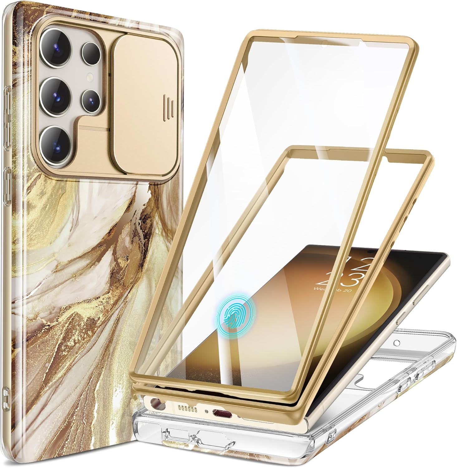 GVIEWIN for Samsung Galaxy S23 Ultra Case with Slide Camera Cover, [Built-in Screen Protector] [2 Front Frames] Military Grade Shockproof, Marble Phone Case Fit S23 Ultra 6.8", Topaz/Gold