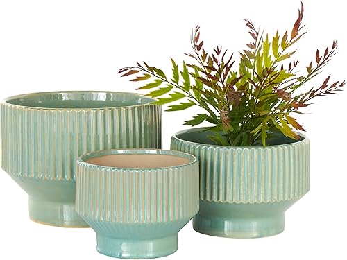 Deco 79 Maceta de cerámica para interiores y exteriores, maceta ancha con ranuras lineales y bases cónicas, juego de 3 macetas de 10 pulgadas, 8