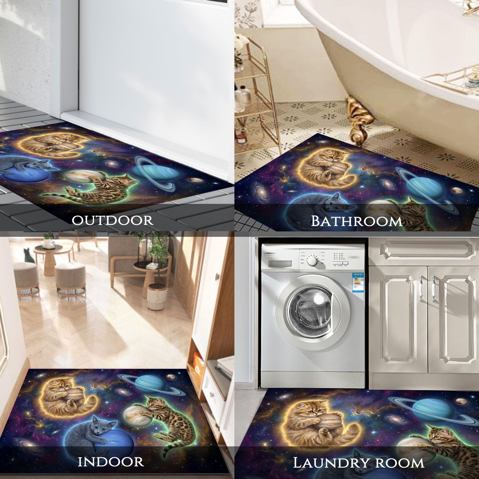 Felpudo de Entrada 80x120cm, Alfombra Sueño Surrealista Atrapapolvo Alfombra Gato Espacial Antideslizante Lavable, Alfombrilla con Microfibras Suaves Absorbentes para Puerta, Pasillo, Azul Marino