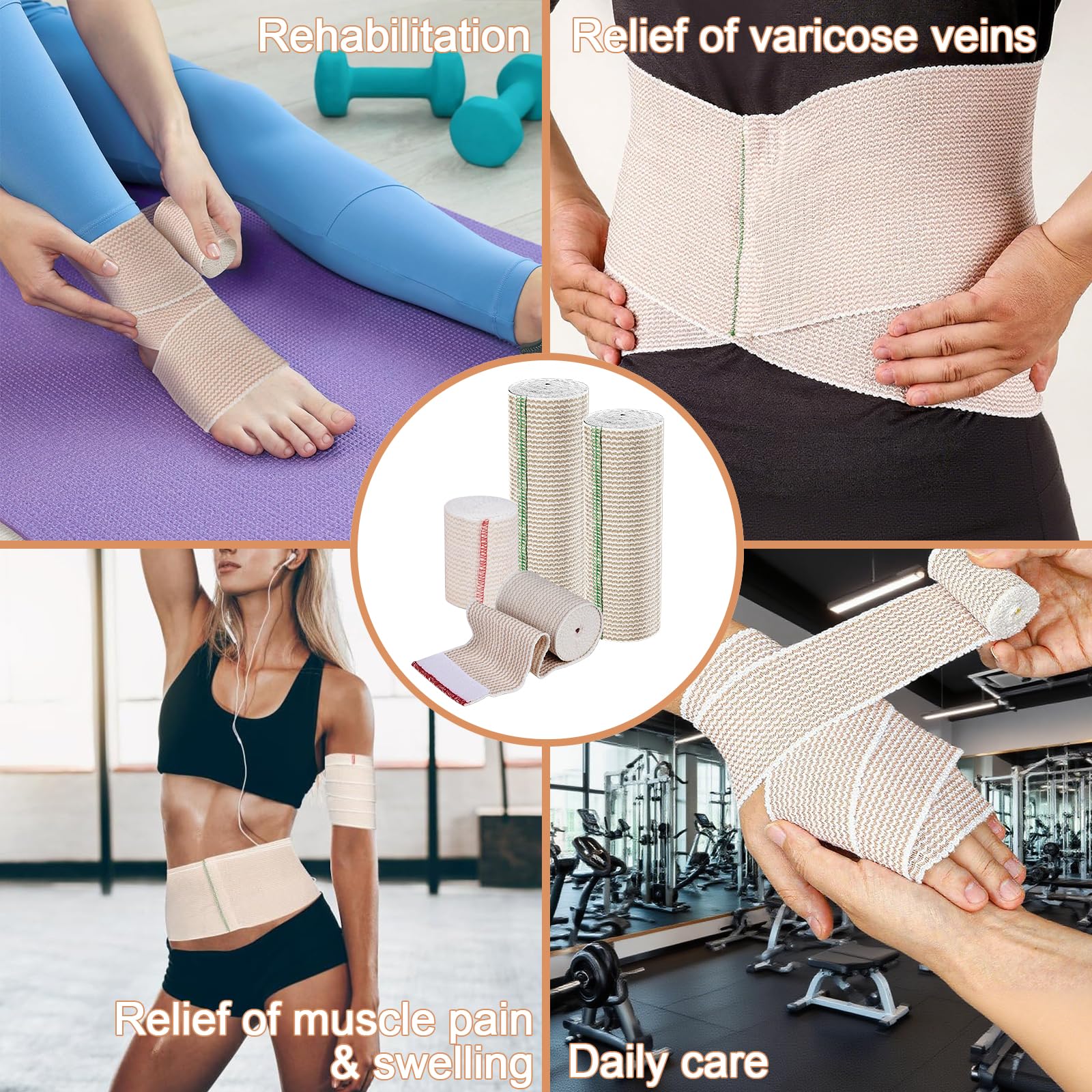 4 Rollos Venda Elastica Premium con Velcro Adhesivo, Dos tamaños Vendas autoadhesivas Reutilizable Lavable, Vendaje de Compresión para Brazos, Piernas y Tobillo(7.5/15 cm x 4.5 m)
