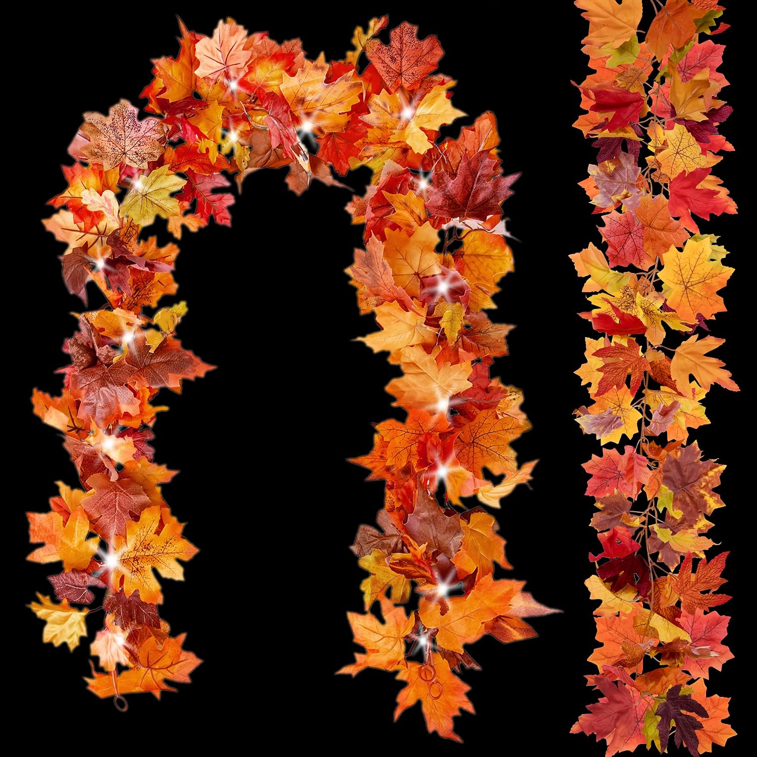 2Pack Fall Garland Fall Decorations for Home, Fall Leaves Garland & 9.8Ft 30LED String Lights, Autumn Artificial Maple Leaf Garland Thanksgiving Halloween Decor for Fireplace Mantle Outdoor Indoor