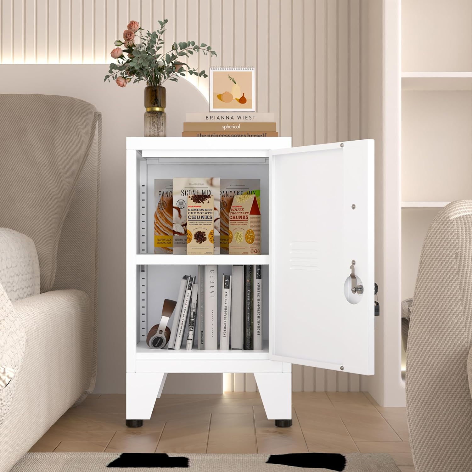 24" Tall Metal Locker Storage Cabinet with 1 Door, Locked File Storage Cabinet with 1 Adjustable Shelves, Small Pantry, Freestanding Small Locked Cabinets for Home/Office/Gym/Employees-White
