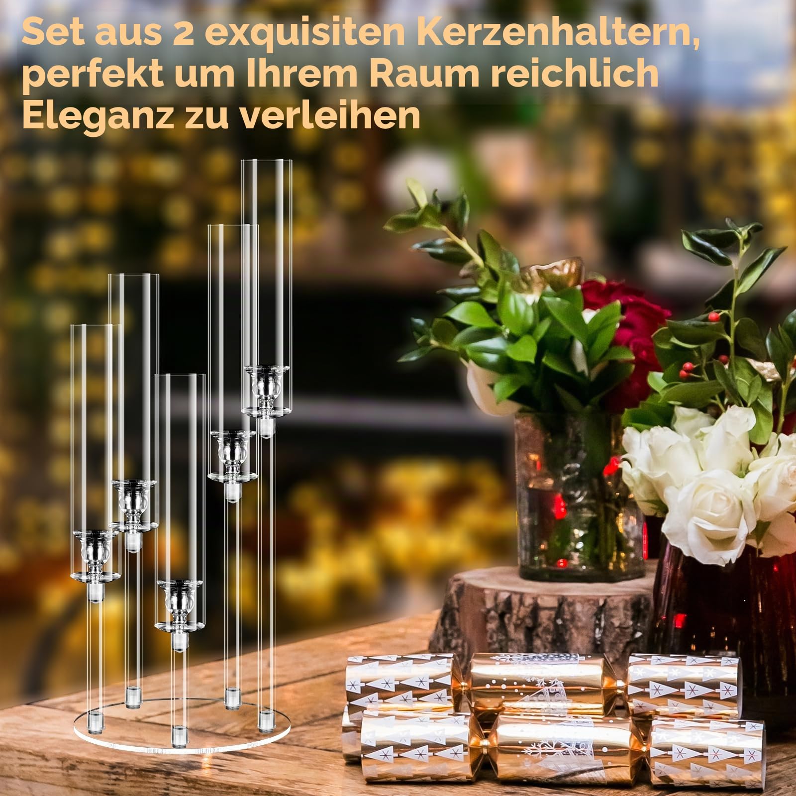 2 Stück MSDADA 5-armige Acryl Kerzenständer Set 58 cm Hoch, Transparente Kandelaber für Tischdeko Mittelstück, Hochzeitsdeko Weihnachtsdeko Kamin Deko, für LED Kerzen 2 cm