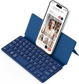 CACOE Wireless Keyboard with Stand, Mini Keyboard for Cell Phone, Ultra-Slim Portable, Foldable, Dual-Channel QWERTY with Stand Holder for Smartphone and More iOS Android Windows, Ocean Blue