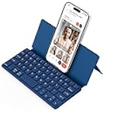 CACOE Wireless Keyboard with Stand, Mini Keyboard for Cell Phone, Ultra-Slim Portable, Foldable, Dual-Channel QWERTY with Stand Holder for Smartphone and More iOS Android Windows, Ocean Blue