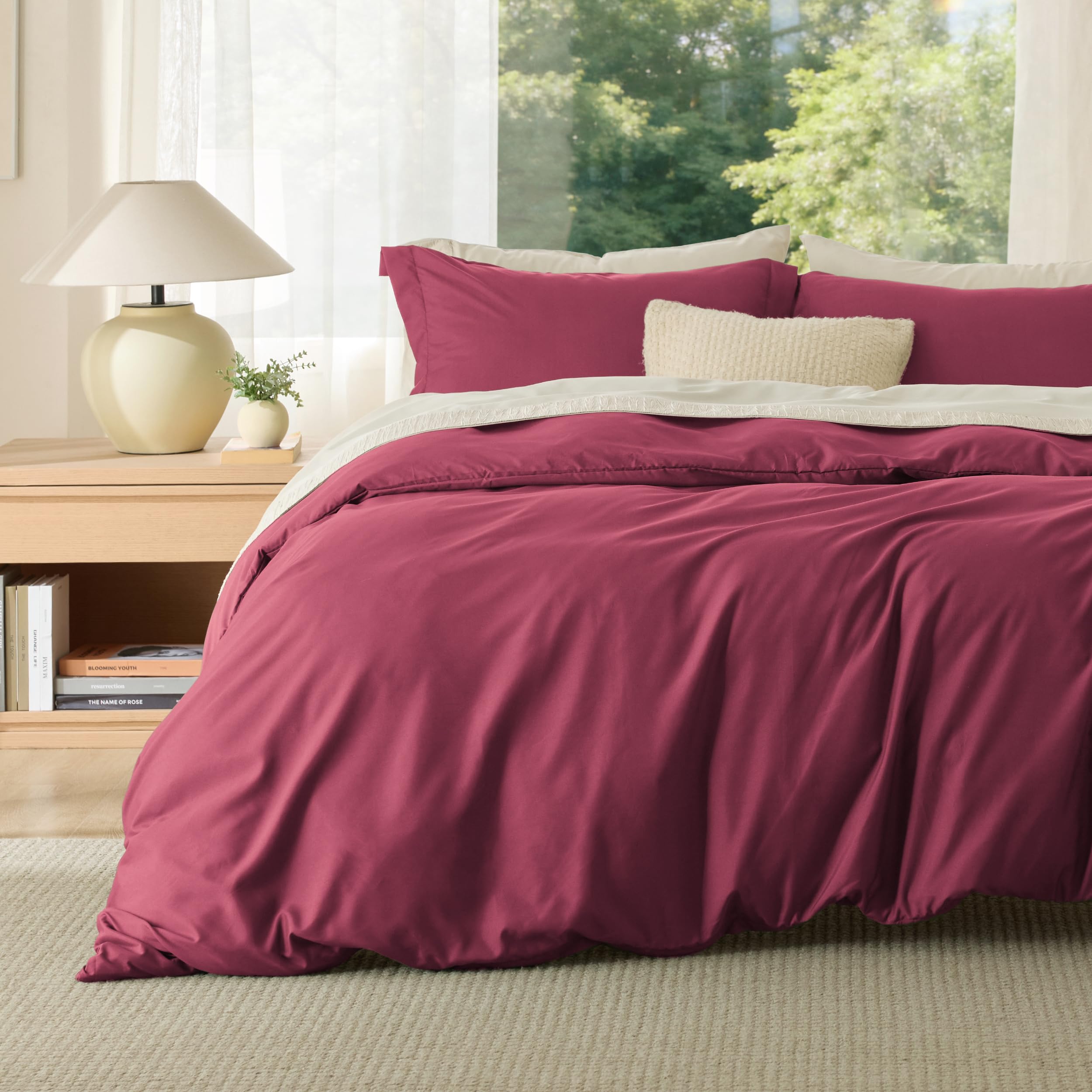 Bedsure Duvet Cover Queen Size, 3Pcs Double Brushed Bedding Set, Dark Red
