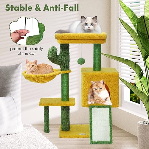 Miniatura 5 de BYPASS Árbol para gatos de 33.46 pulgadas, torre de cactus para gatos con gran percha superior acolchada cubierta de sisal, poste rascador acogedor