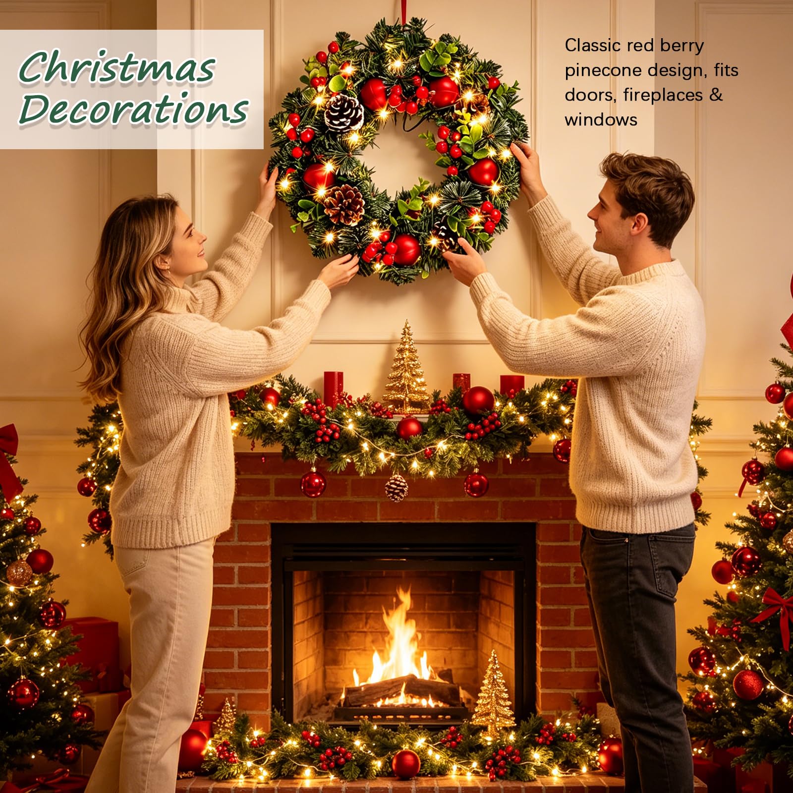 Couronnes De Noël, 40CM Couronne Porte Noel Artificielles pour Porte Ornée De 30 LED Couronne De L'avent DéCoration Murale Cheminée pour Les Fêtes De Noël Et Les Réceptions à La Maison