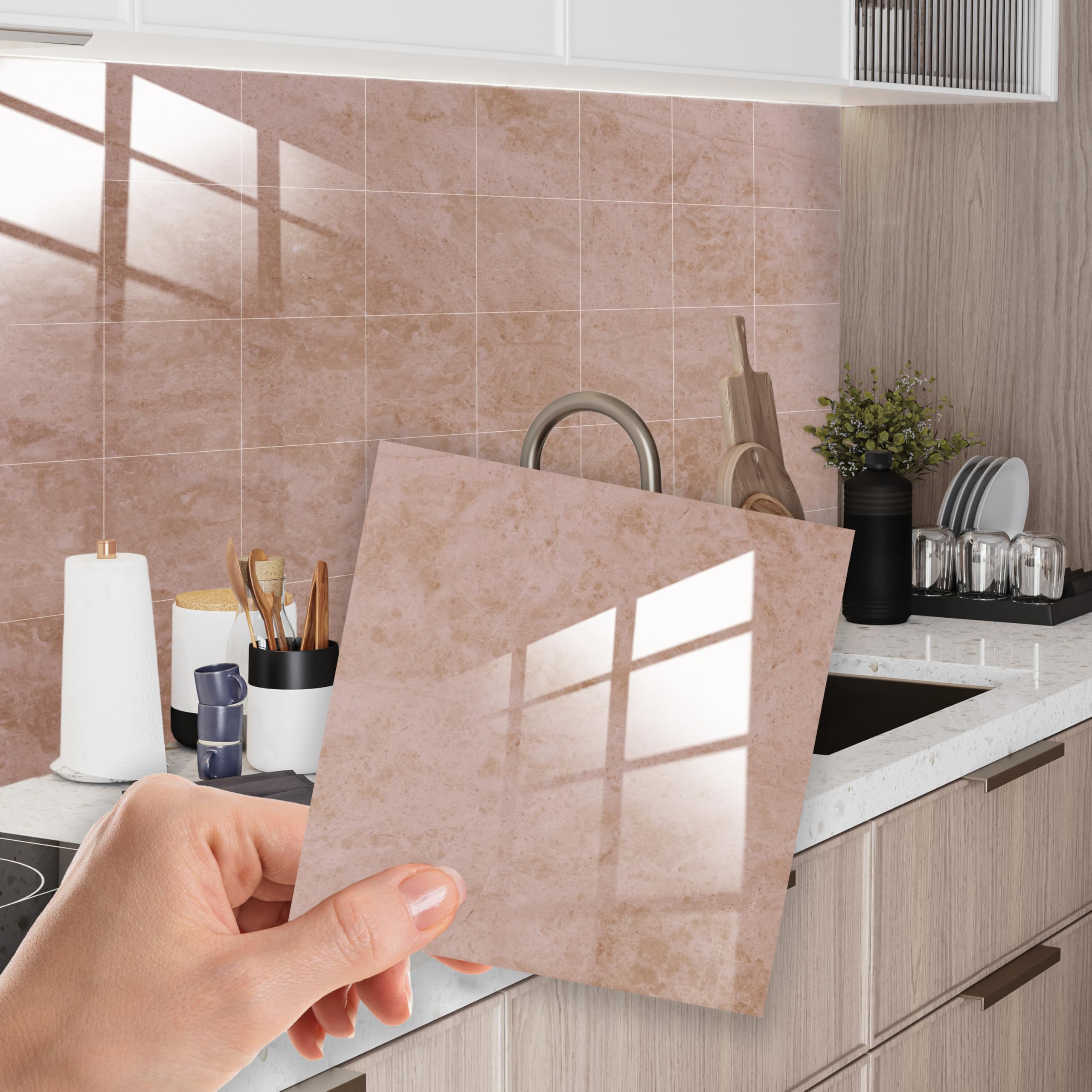 Walplus Topaz Brown 24 Pcs Kitchen Tile Stickers Self Adhesive Sticker For Walls 15X15cm(6") Stick On Removable Stick On Bathroom Tile Wall Sticker Self Adhesive Sticky Back Tile