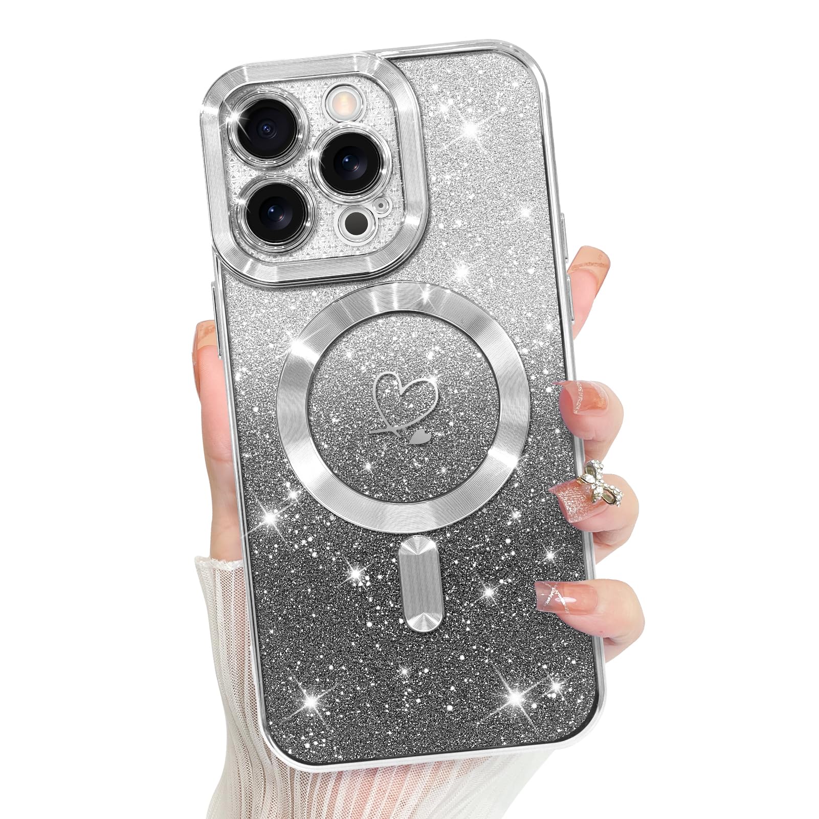 Bonoma Compatible with iPhone 14 Pro Max Case Support for MagSafe, Plating Heart Glitter Magnetic 2* Screen Protector TPU Camera Protection Back Cover