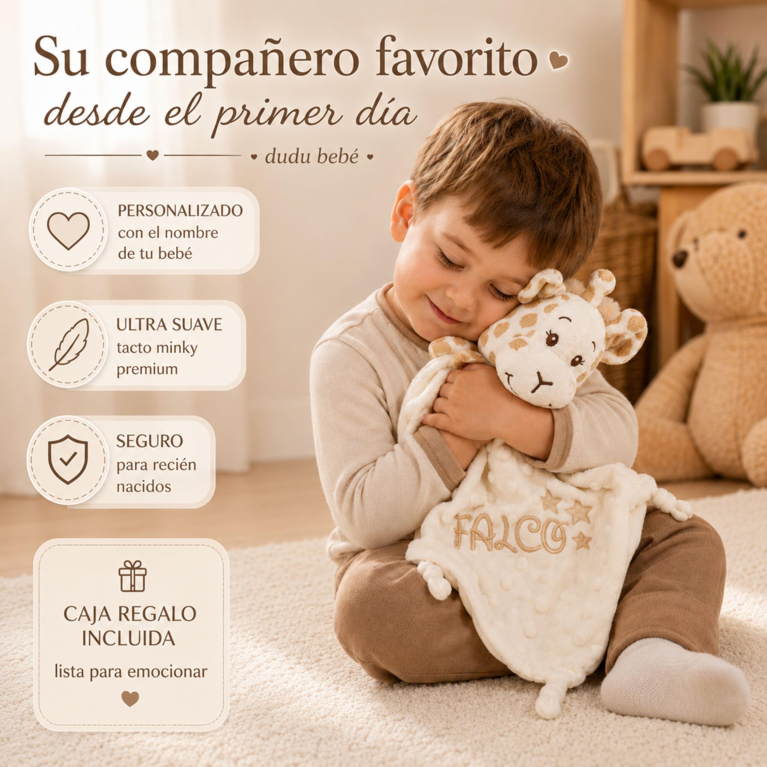 Balu Dudú Jirafa Personalizado con Nombre Bordado │ Doudou Bebé Minky Ultrasuave │ Manta de Apego para Recién Nacido │ Lavable a 30° │ Regalo Bebé Original Baby Shower Niño Niña (JIRAFA BEIGE)