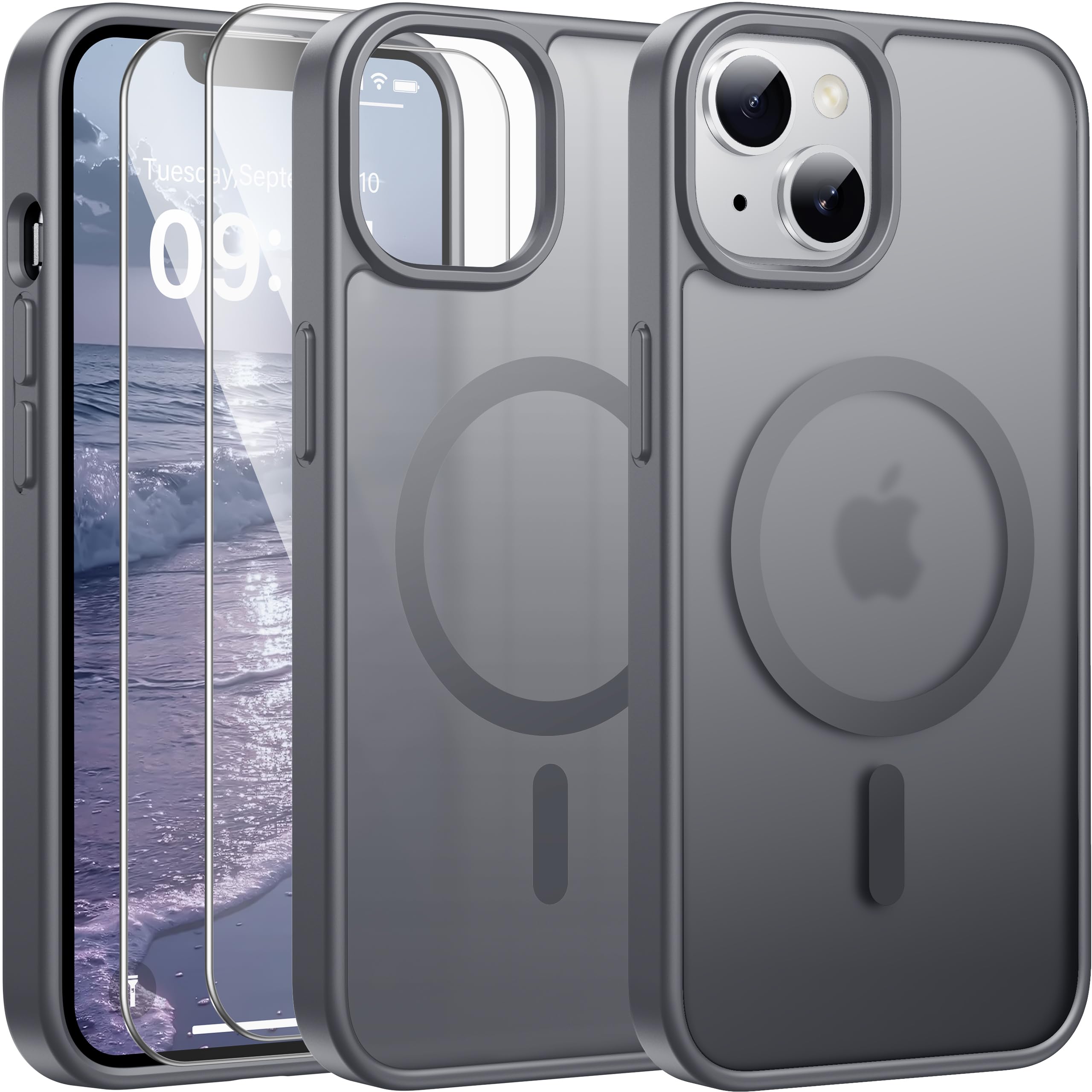 Opkiegrn für Samsung Galaxy S25 5G Hülle, Kompatibel mit MagSafe mit 2 Stück Panzer Schutz Glas Folie, KameraSchutz Folie Stoßfest Kratzfest Transluzente Matt Handyhülle für Samsung S25, Grau