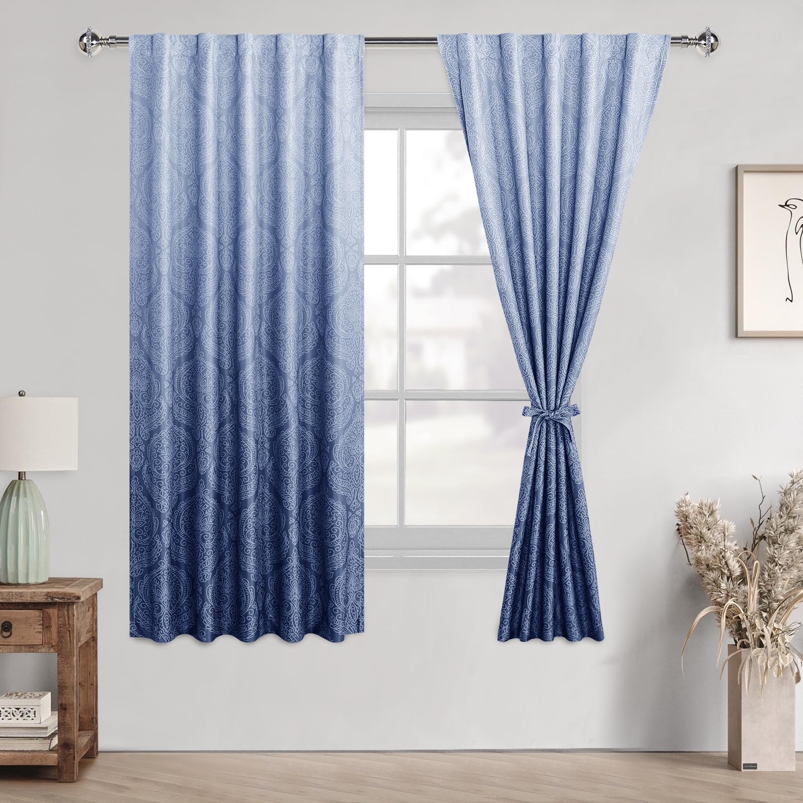 DWCN Ombre Room Darkening for Bedroom with Tiebacks- 63 inches Length Damask Design Thermal Insulted Window Drapes Light Blocking Curtains for Living