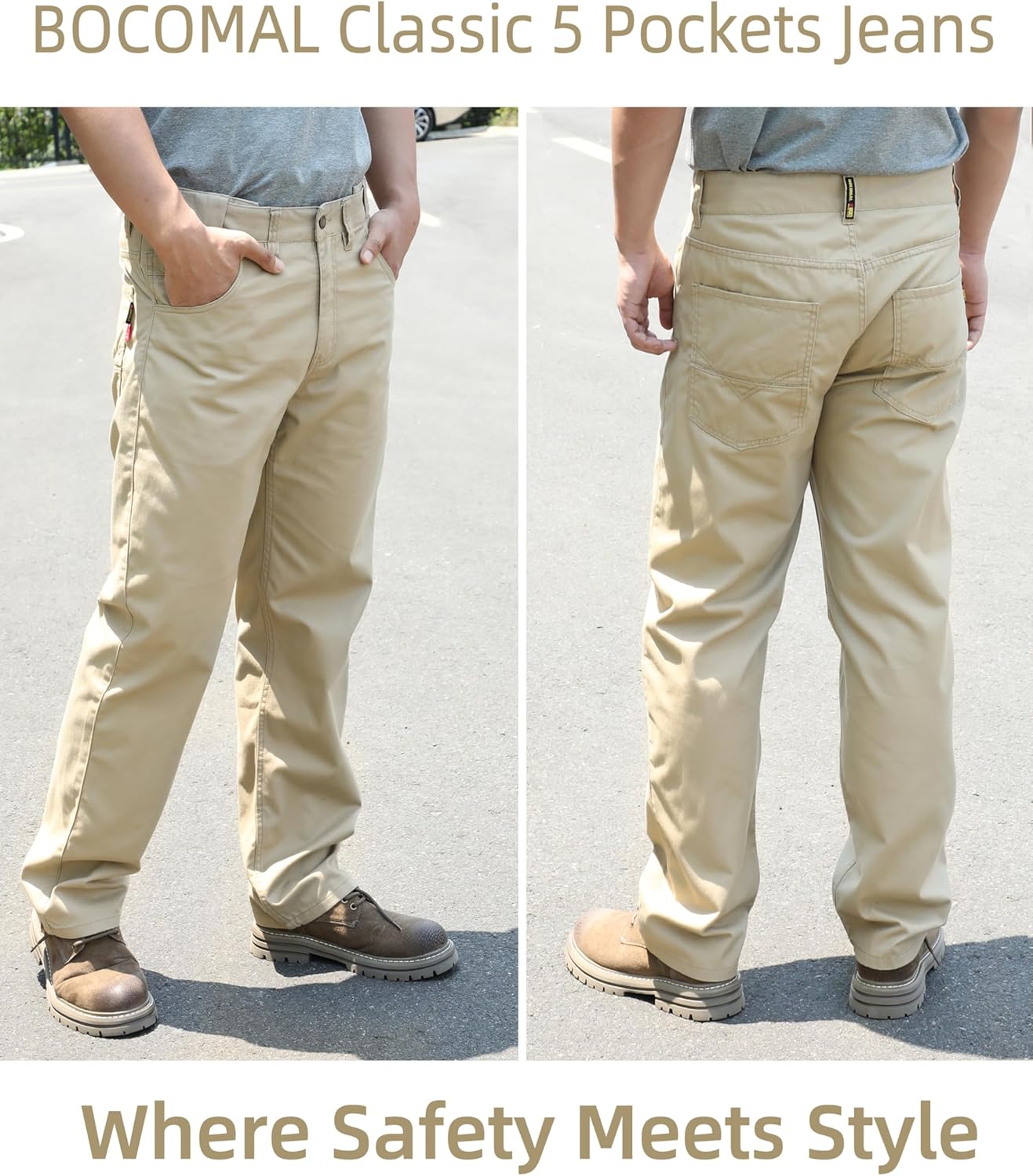 BOCOMAL FR Pants for Men Classic 5 Pockets Relaxed Fit Elastic Waist Water/Stain Repellent Work Jeans NFPA 2112/CAT2 - Image 7