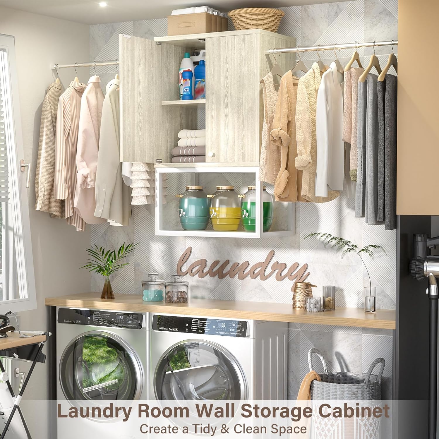 Homieasy Wall Cabinet with 2 Hanging Rods, 67'' Wide Laundry Wall Cabinet with 2 Doors, Open Rack & Adjustable Inner Shelf, Storage Cabinet Wall Mounted for Laundry & Bathroom, White Oak