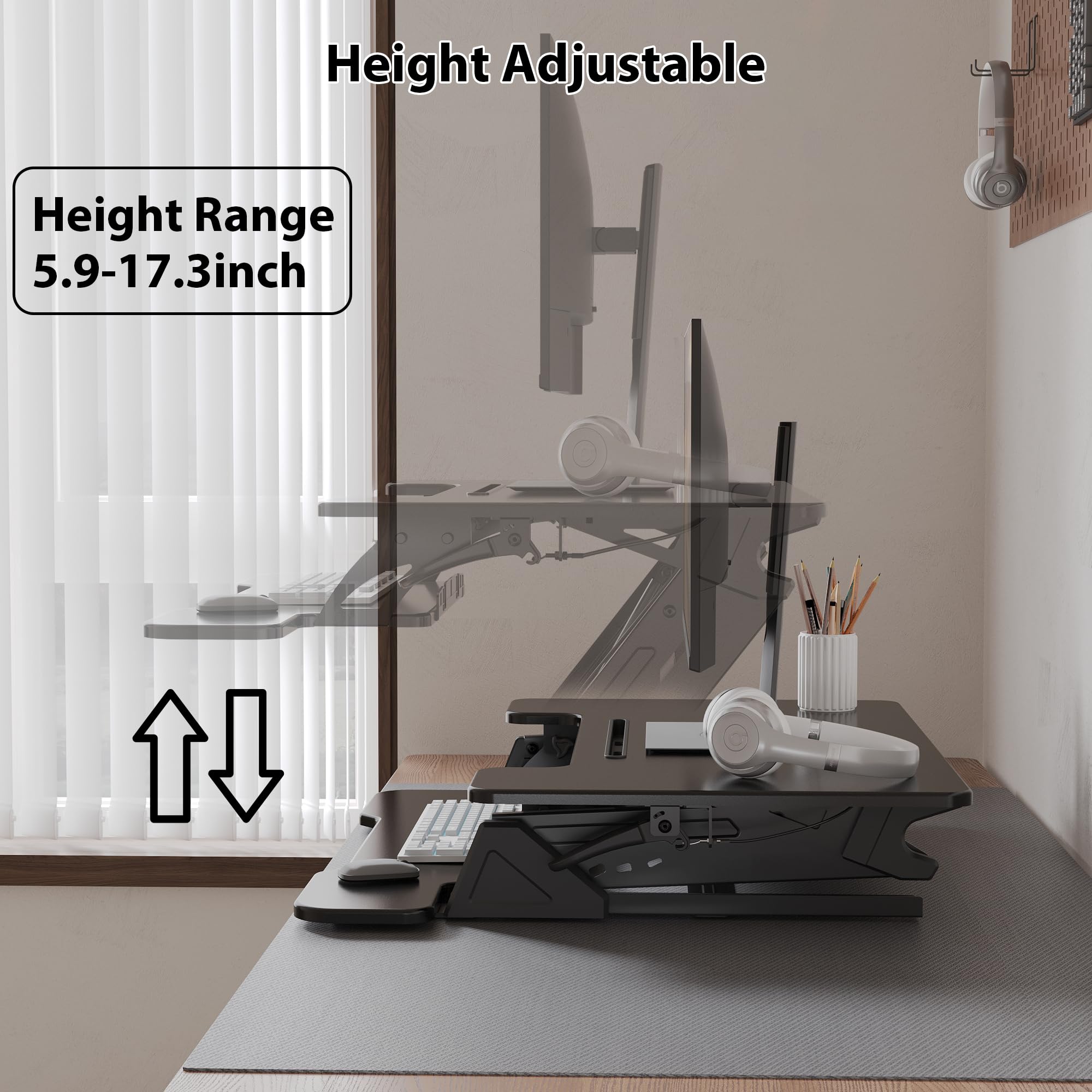 BONTEC Escritorio Elevable de Pie, Convertidor de Escritorio Ajustable con Resorte de Gas Doble, Plataforma para Doble Monitor 81,3cm x 52,2cm, Capacidad 15kg, Diseño Ergonómico, Fácil Montaje