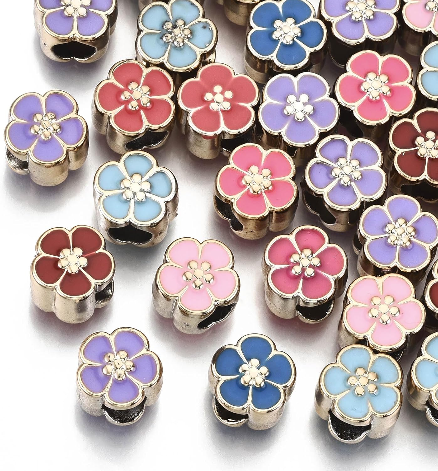 KitBeads 100pcs Random Enamel Flower Beads UV Plating Acrylic Floral European Beads Large Hole for DIY Bracelets Jewelry Making Bulk