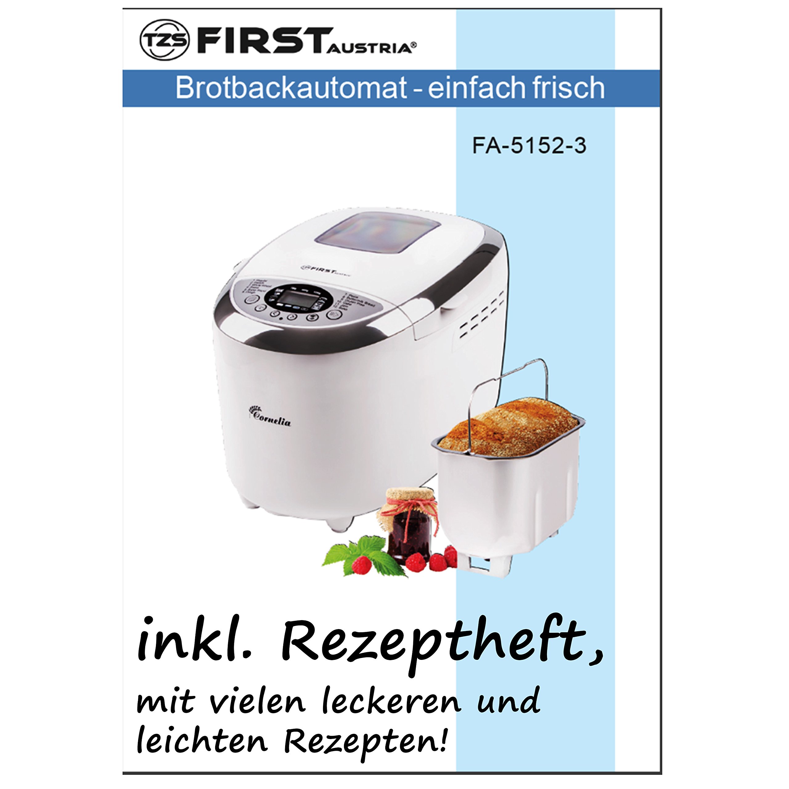 TZS First Austria automat do pieczenia chleba, 12 programów automatycznych, 850 W, w pełni automatyczny wypiekacz do chleba, pojemność 700–1250 g, z okienkiem, timerem, akcesoriami i funkcją