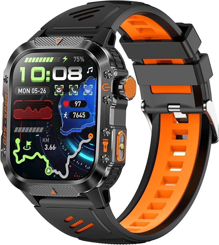 GPS Running Watch for Men Women, 2.01" Fitness Watch with GPS Compass Altimeter, Bluetooth Calls, Heart Rate & Sleep Monitor, Waterproof Outdoor Watch (Black Orange Silicone Strap)