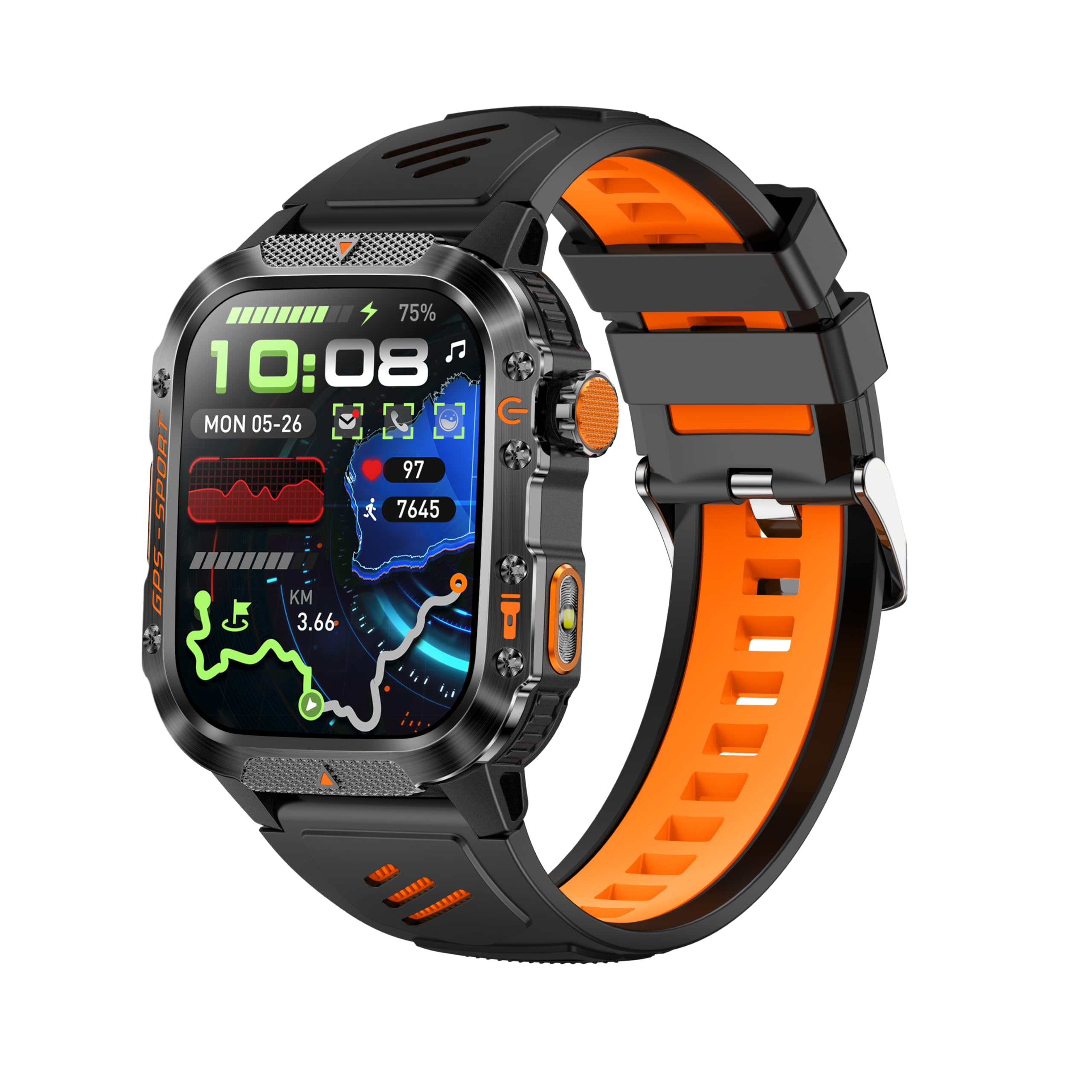 GPS Running Watch for Men Women, 2.01" Fitness Watch with GPS Compass Altimeter, Bluetooth Calls, Heart Rate &amp; Sleep Monitor, Waterproof Outdoor Watch (Black Orange Silicone Strap)