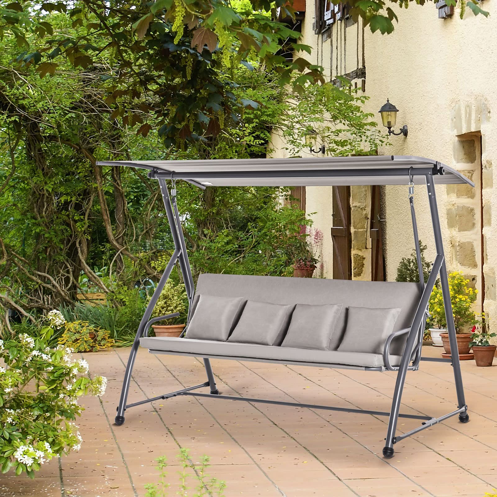 Outsunny Dondolo Letto da Giardino 3 Posti Convertibile in Letto e Tettuccio, Acciaio e Poliestere 218x120x168cm Cachi Chiaro