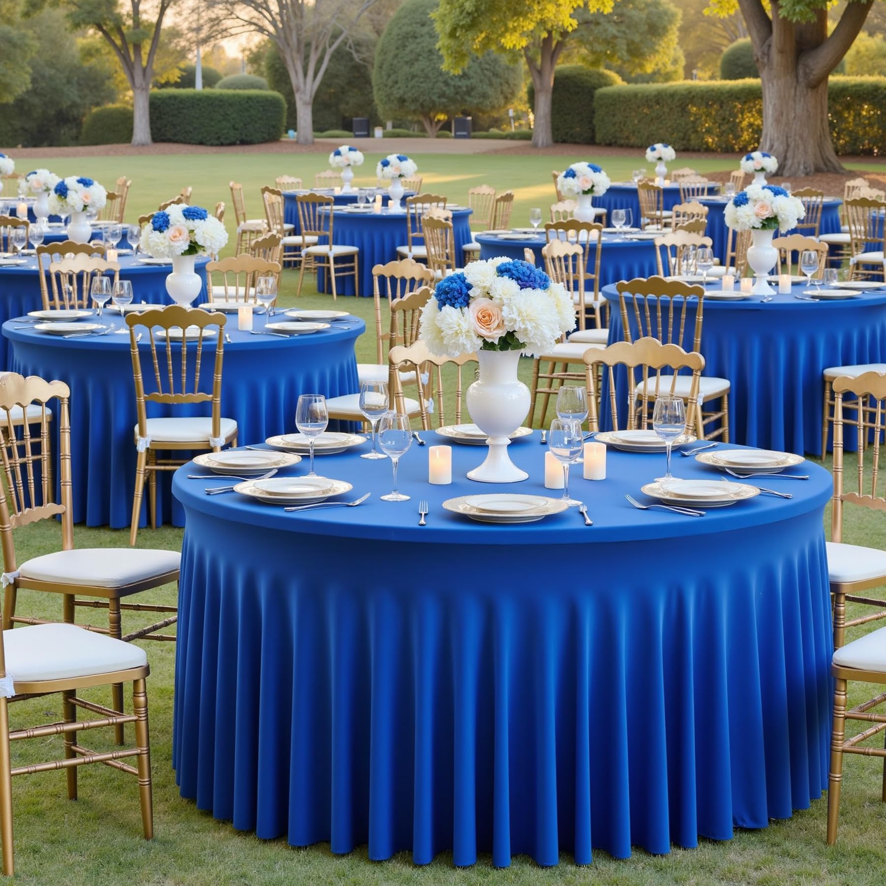 Htper 12 Pack Royal Blue Spandex Round Tablecloths, Stretchy 120inch Fitted 5FT Round Table Cloths, Wrinkle Free Maroon Table Cover with Skirt for