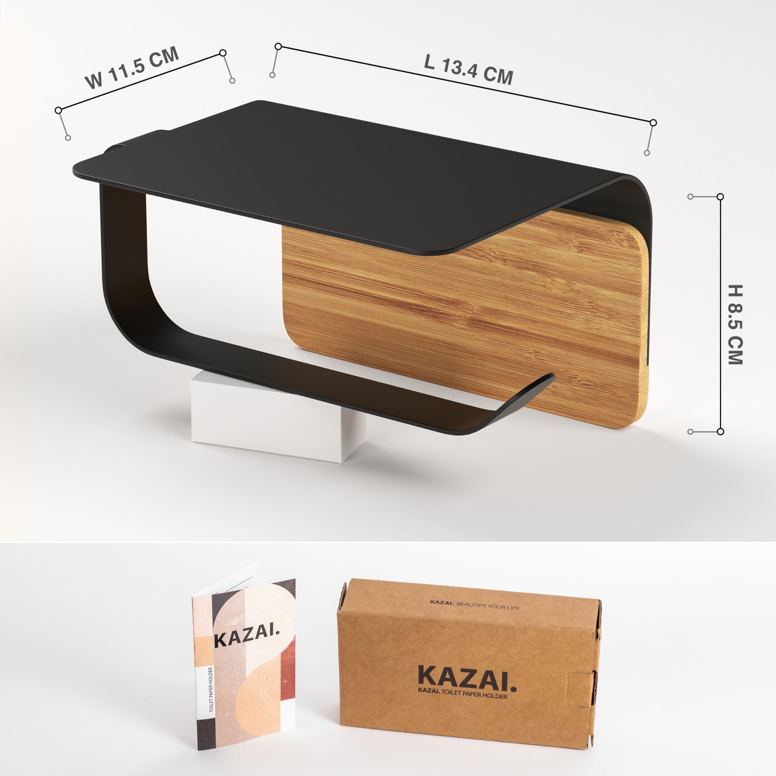 KAZAI.® Leif Design Toilet Roll Holder with Shelf No Drilling (Self-Adhesive) Made of Stainless Steel and Real Wood Bamboo Toilet Holder / Roll Holder for Bathroom Matt Black