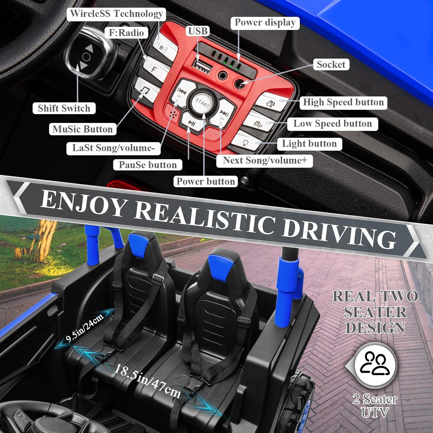 OTTARO 2 Seater Ride on Car Truck,24V Electric Vehicle Car for Kids 3-8 Years,200W Motors,4 Shock Absorbers, Music Play,Bright Light, Remote Control(Blue)