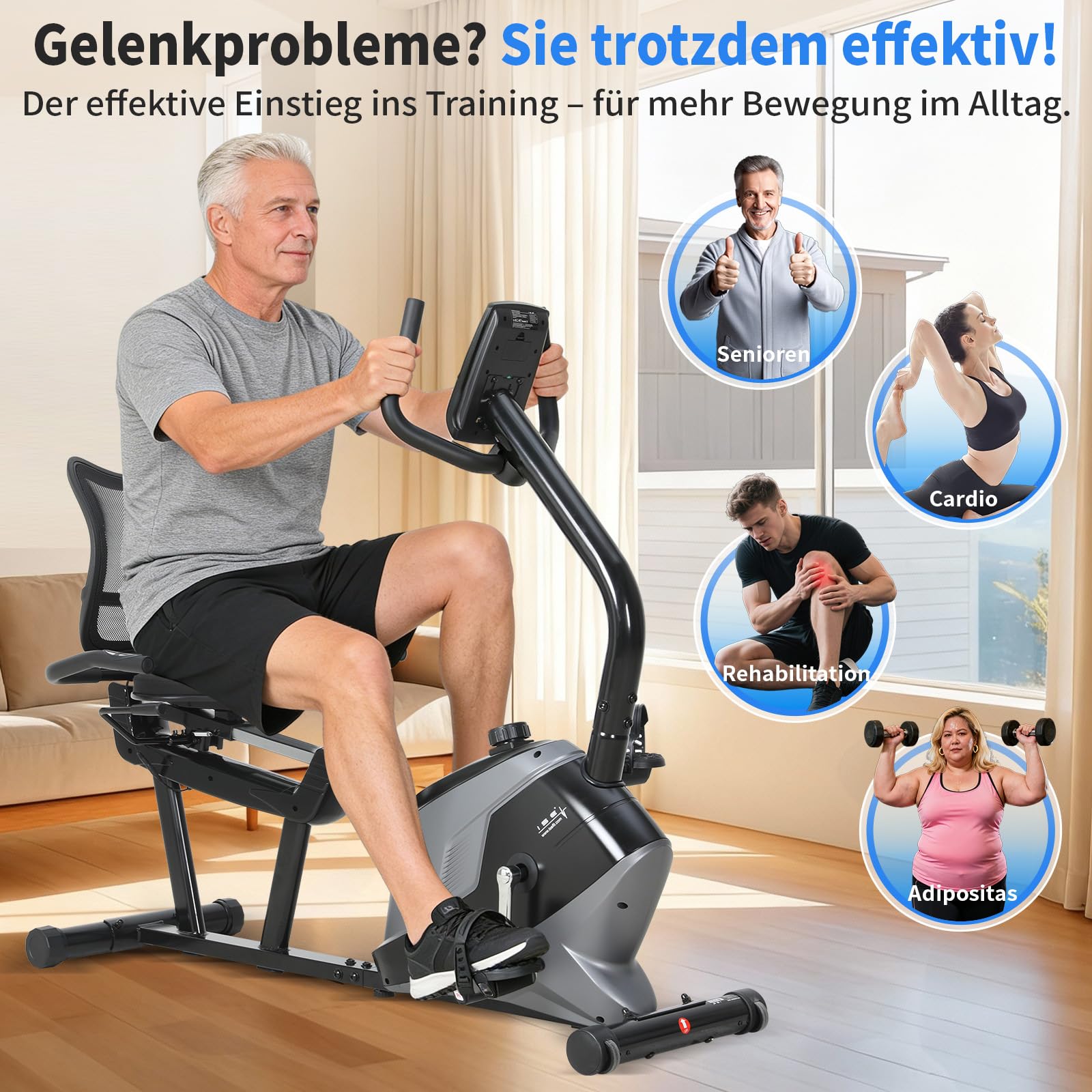 ISE Liegeergometer mit Magnetbremse, Liege Ergometer mit 8 Stufen Magnetischer Widerstand, Pulssensoren/LCD-Display, Liegeergometer Senioren Liegerad Heimtrainer mit Rückenlehne für Zuhause SY-6825