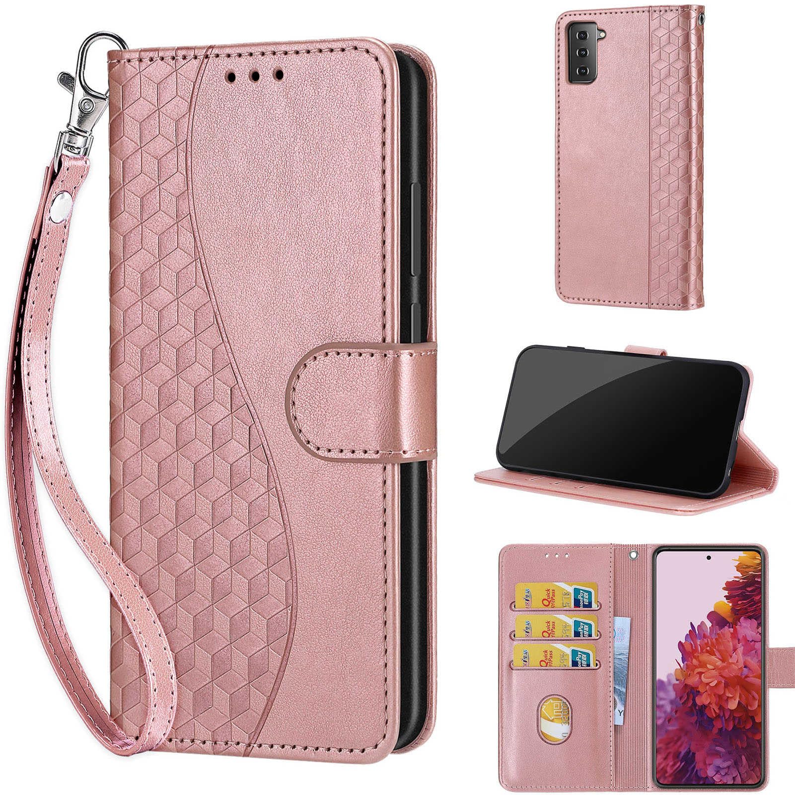 KENHONER Wallet Case for Samsung Galaxy S21 5G, Rose Gold | Women Flip Folio Cover, Embossed PU Leather, Stand, Credit Card Holders Slots, Wrist Strap