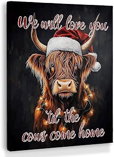 XINCEYWJ Christmas Highland Cow Wall Art Decor, Western Christmas Canvas Art Prints Framed, Dark Winter Xmas Highland Cow Farmhouse Pictures Wall Decorations for Home Bedroom Living Room, 11x14 Inches