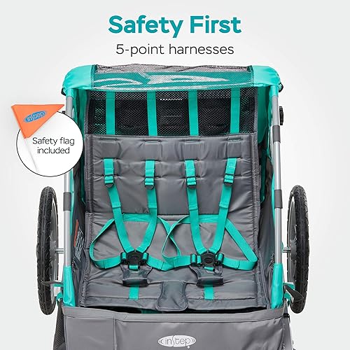 Miniatura 4 de Quick-N-EZ - Remolque de doble remolque detrás de la bicicleta para niños pequeños, niños, se convierte en cochecito, corredor, toldo 2 en 1,